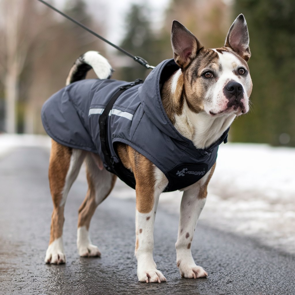 Large dog wearing warm jacket whilst walking outdoors in winter