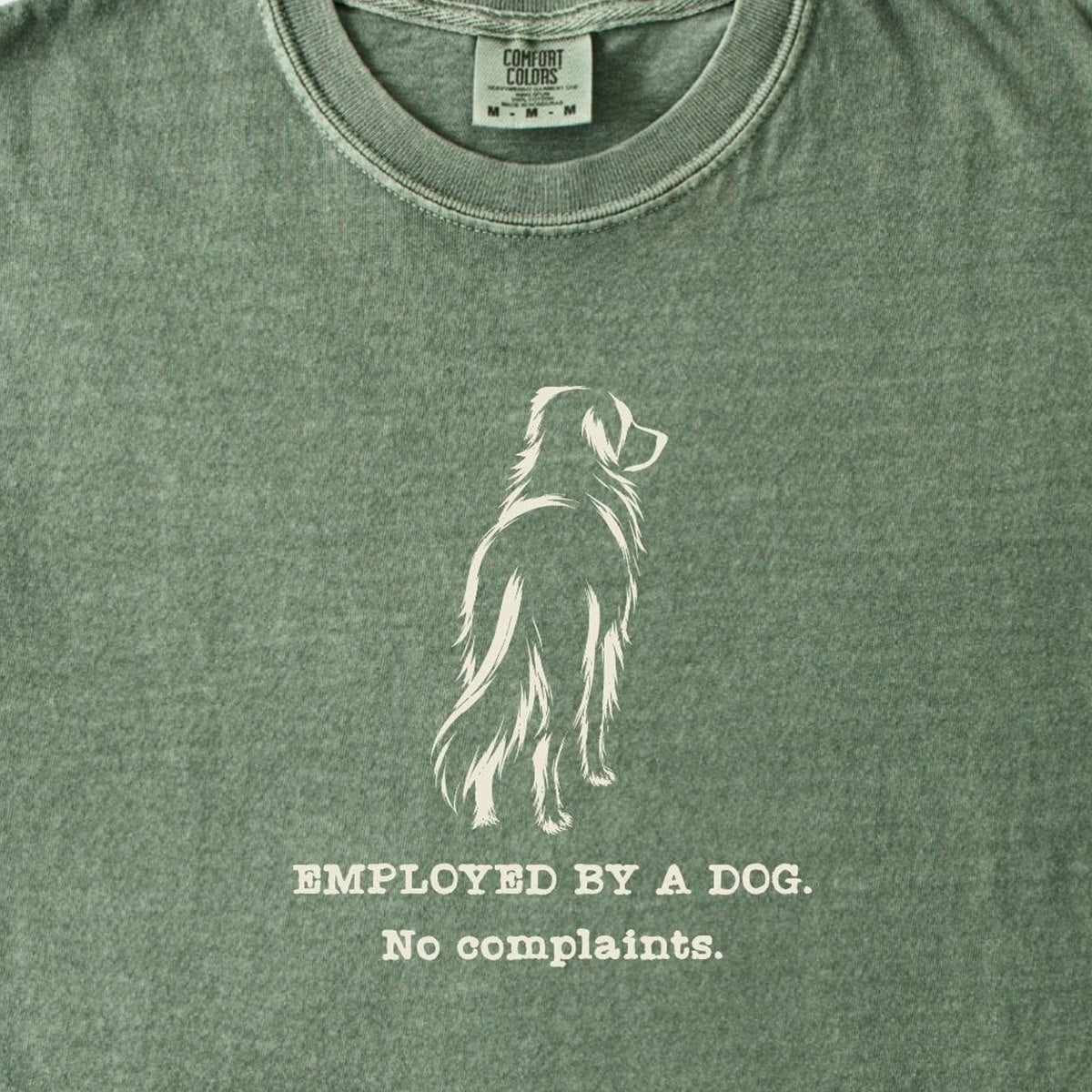 employed-by-a-dog-large-long-coat-dog-comfort-colors-t-shirt - design close up