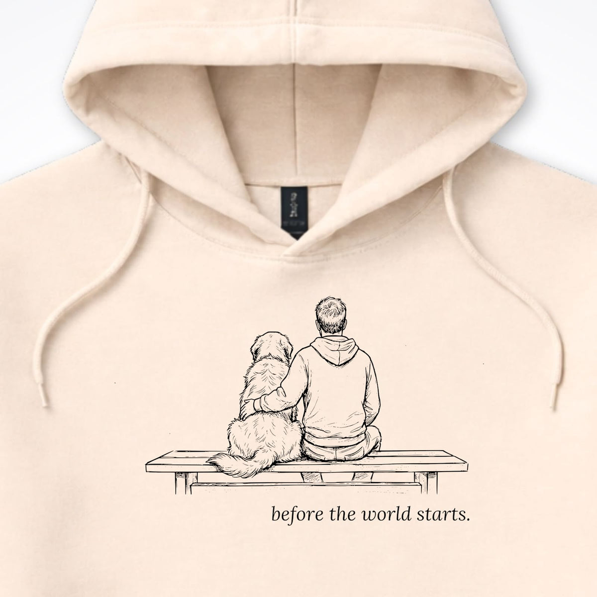 Before The World Starts Man & Dog Hooded Sweatshirt - design close up