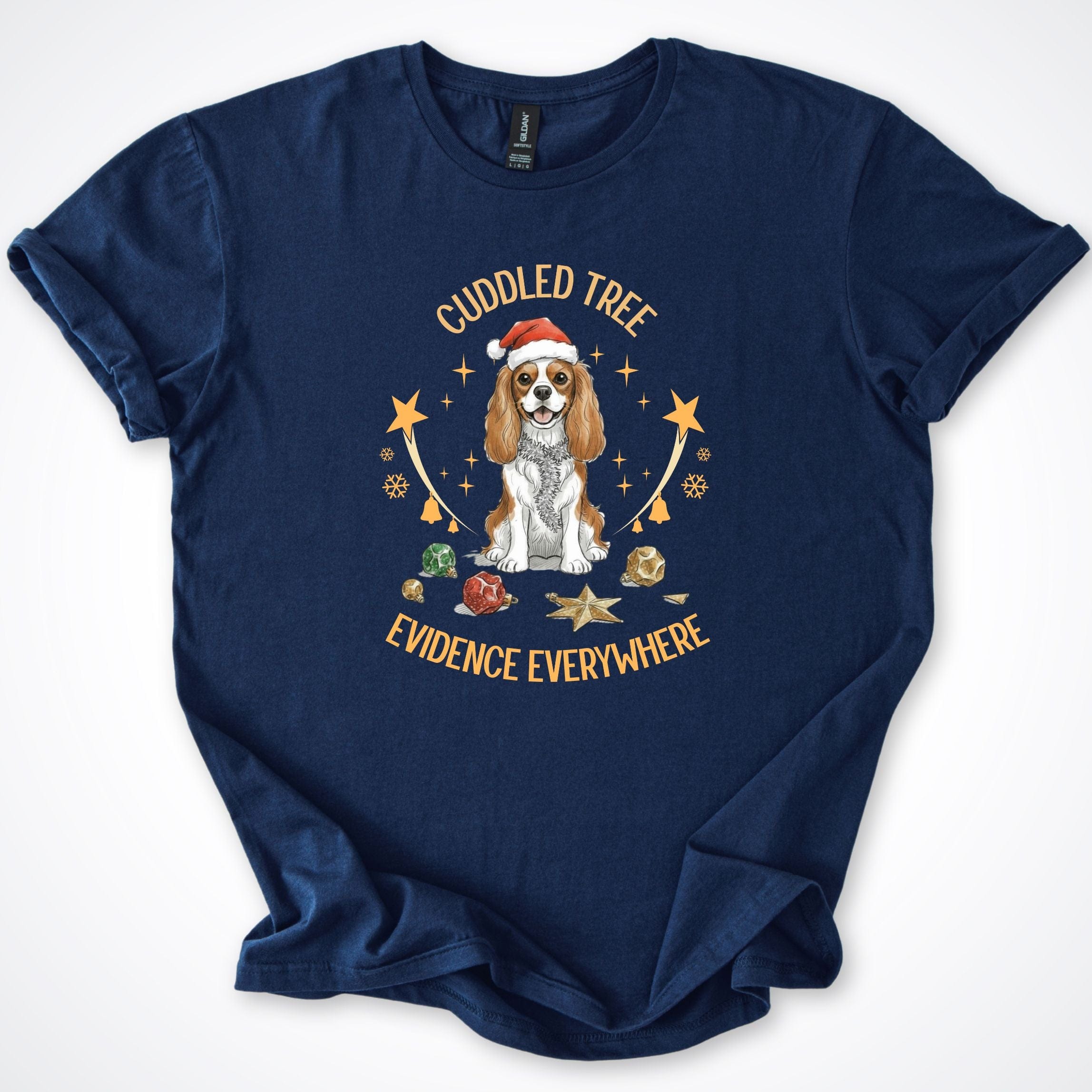 T-Shirt Navy / S Cuddled Tree Cavalier Christmas T-Shirt ReallyintoDogs