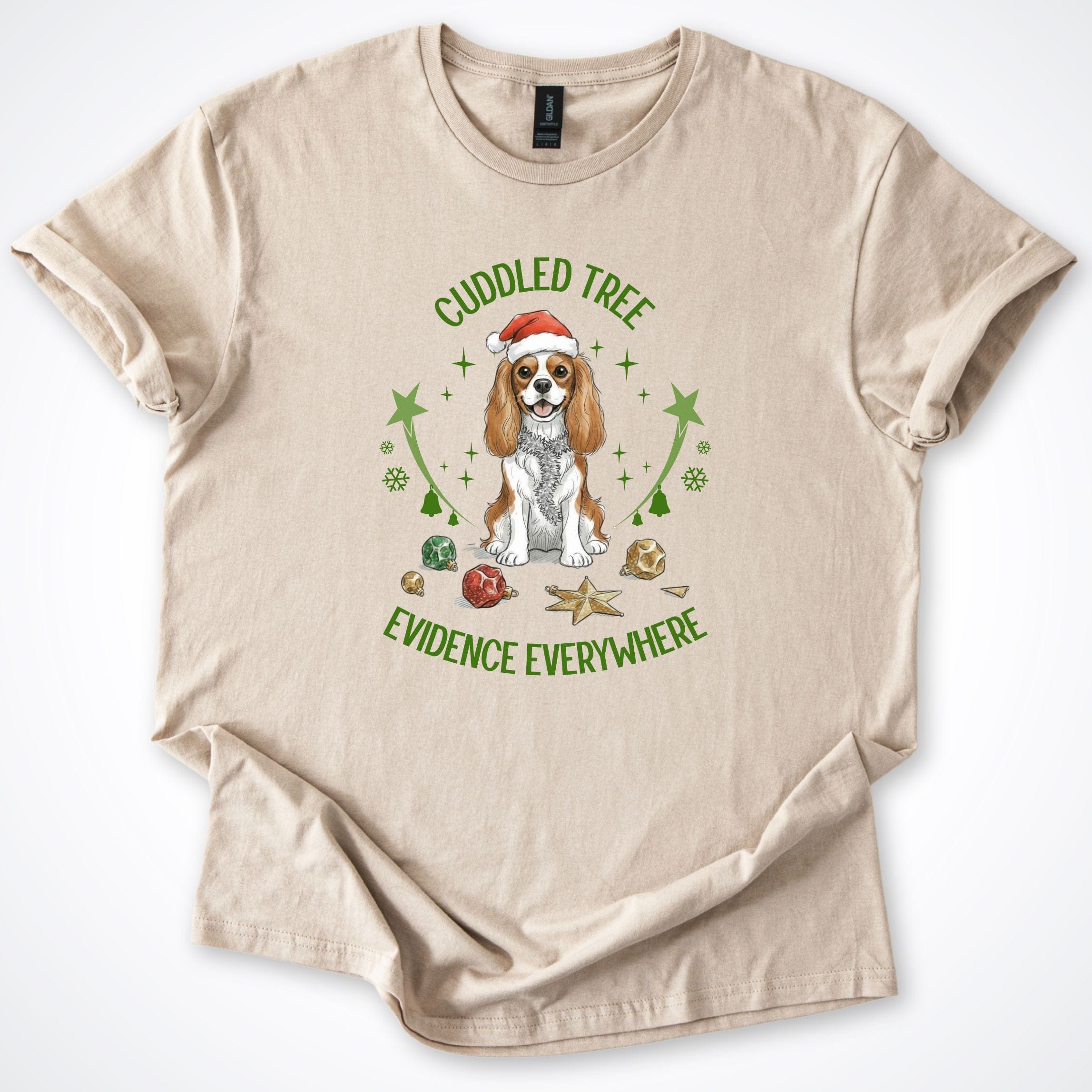 T-Shirt Sand / S Cuddled Tree Cavalier Christmas T-Shirt ReallyintoDogs