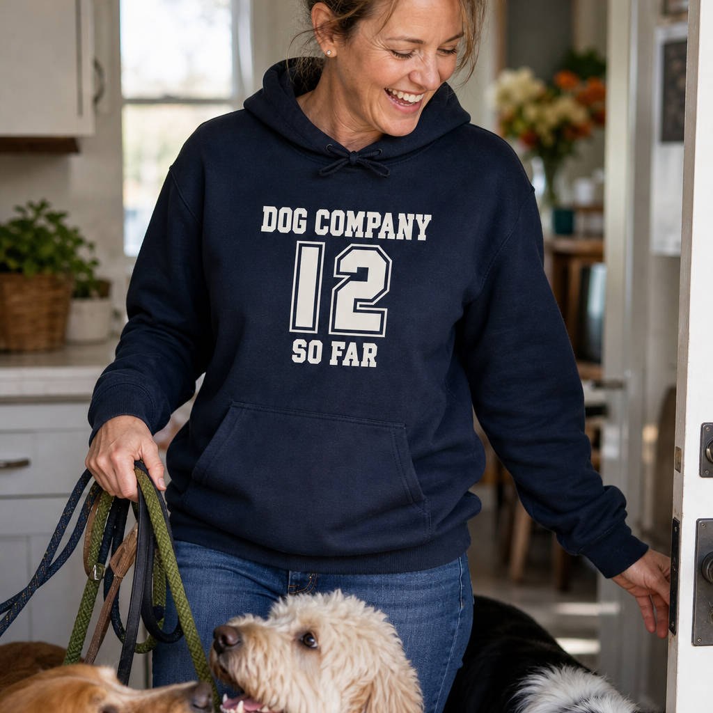 Woman in the navy Dog Company So Far hoodie in a kitchen doorway holding a tangle of leads while three dogs crowd around her