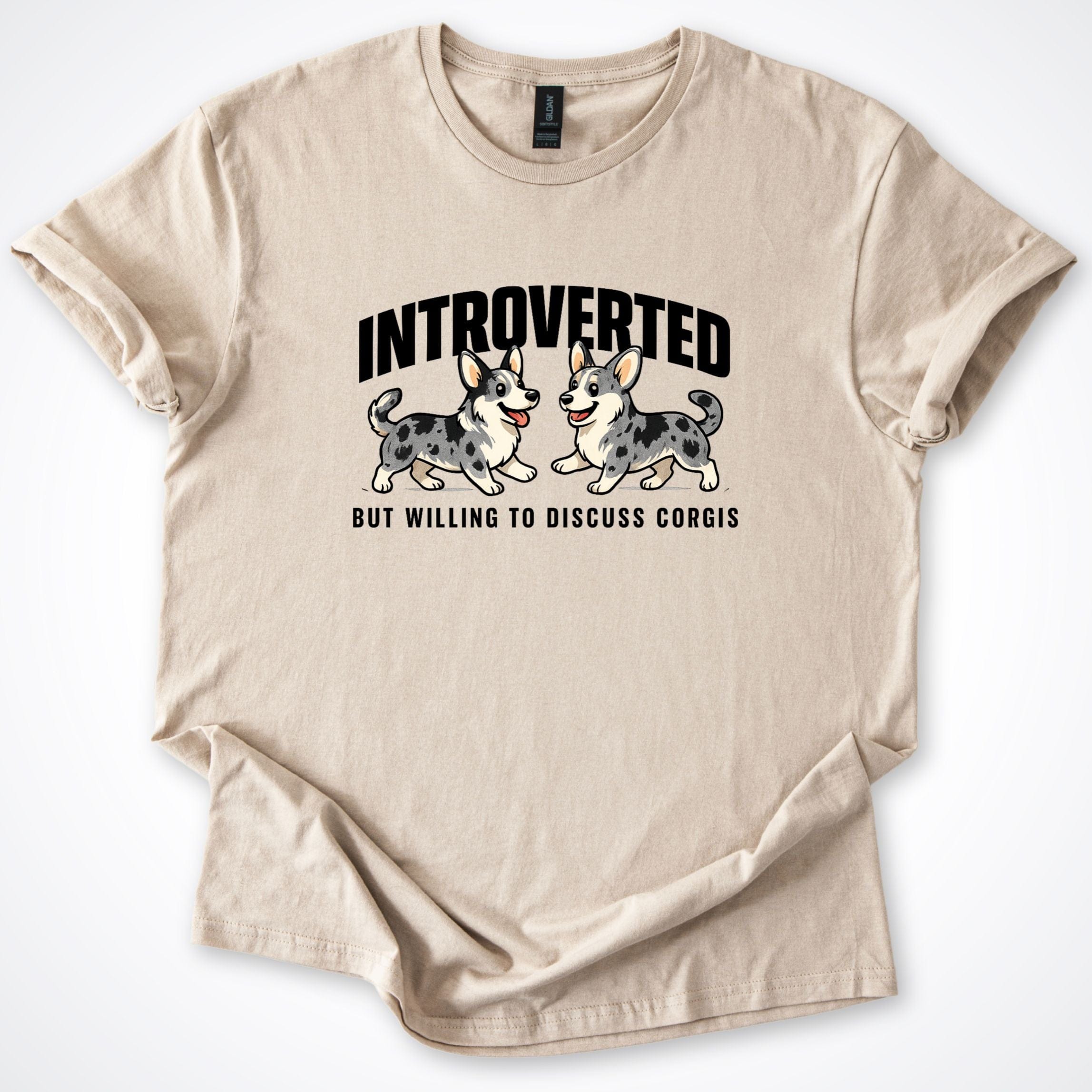 T-Shirt Sand / S Introverted But Willing To Discuss Cardigan Corgi T-Shirt ReallyintoDogs