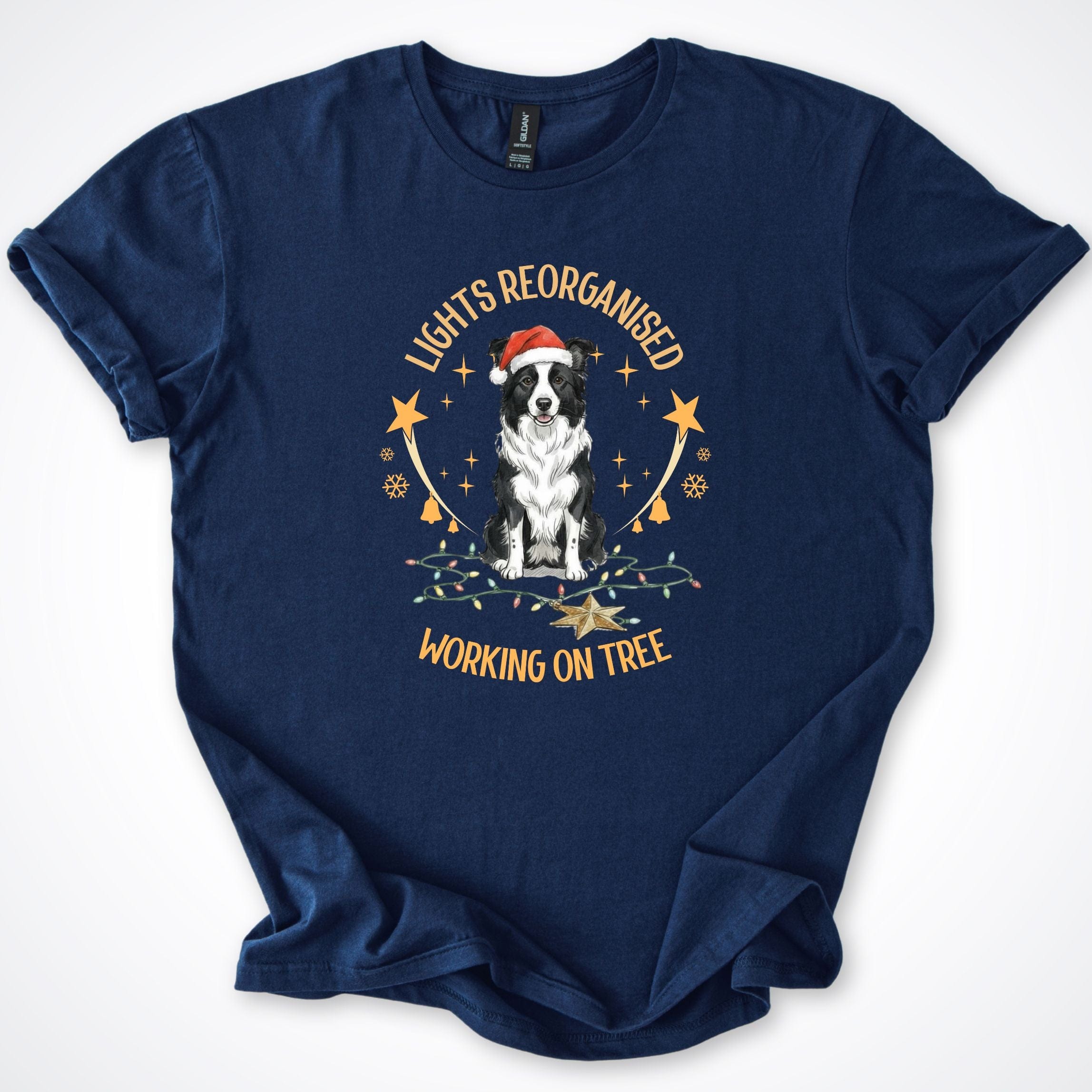 T-Shirt Navy / S LIghts Reorganised Border Collie Christmas T-Shirt ReallyintoDogs