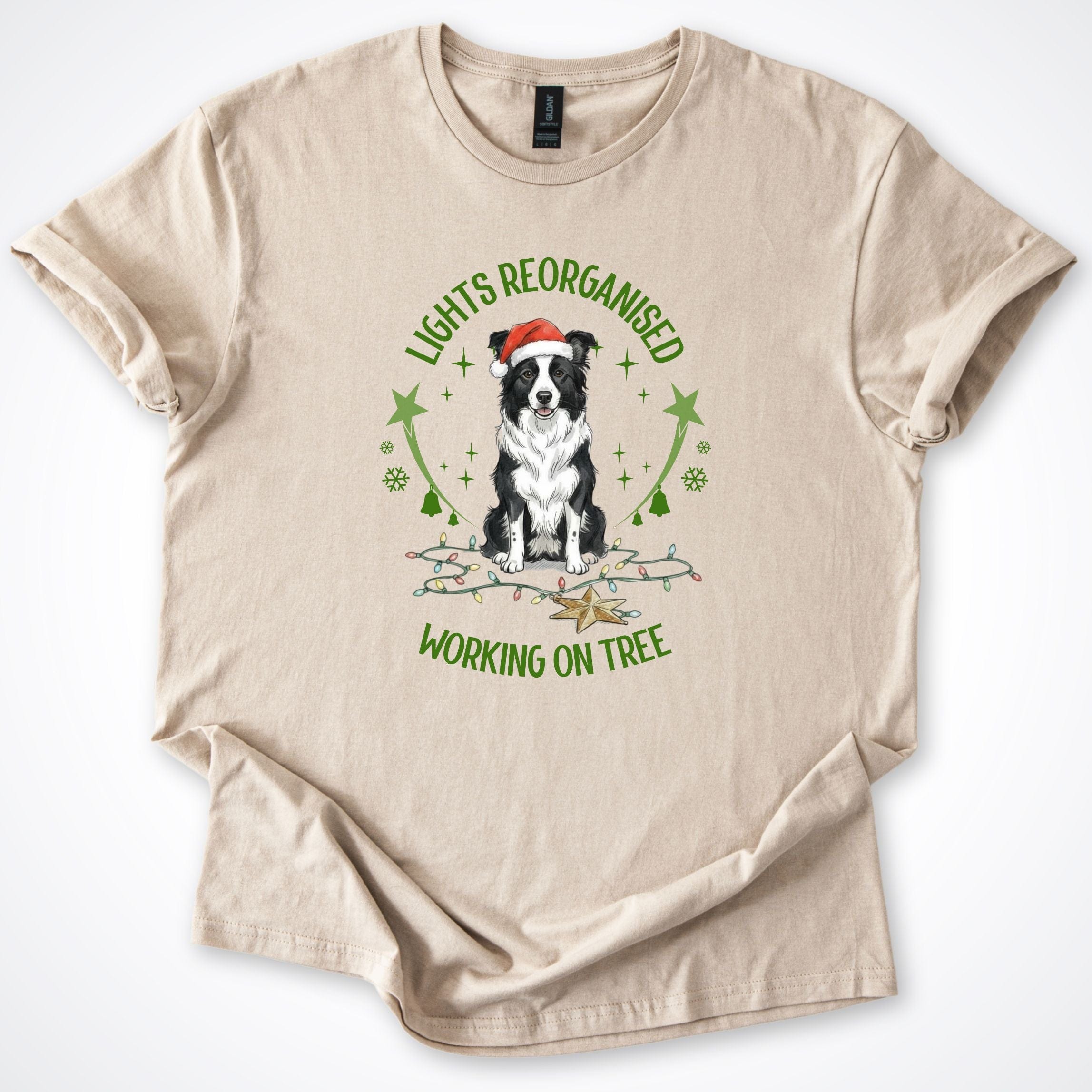T-Shirt Sand / S LIghts Reorganised Border Collie Christmas T-Shirt ReallyintoDogs