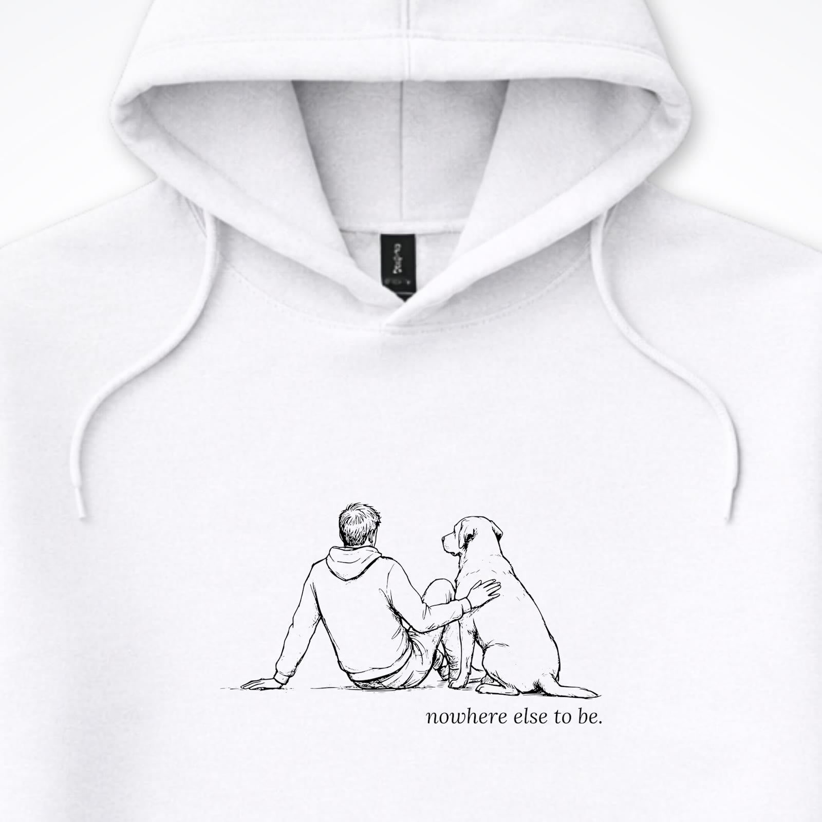 Nowhere Else To Be Man & Dog Hooded Sweatshirt - design close up