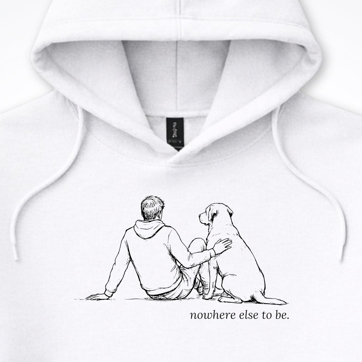 Nowhere Else To Be Man & Dog Hooded Sweatshirt - design close up