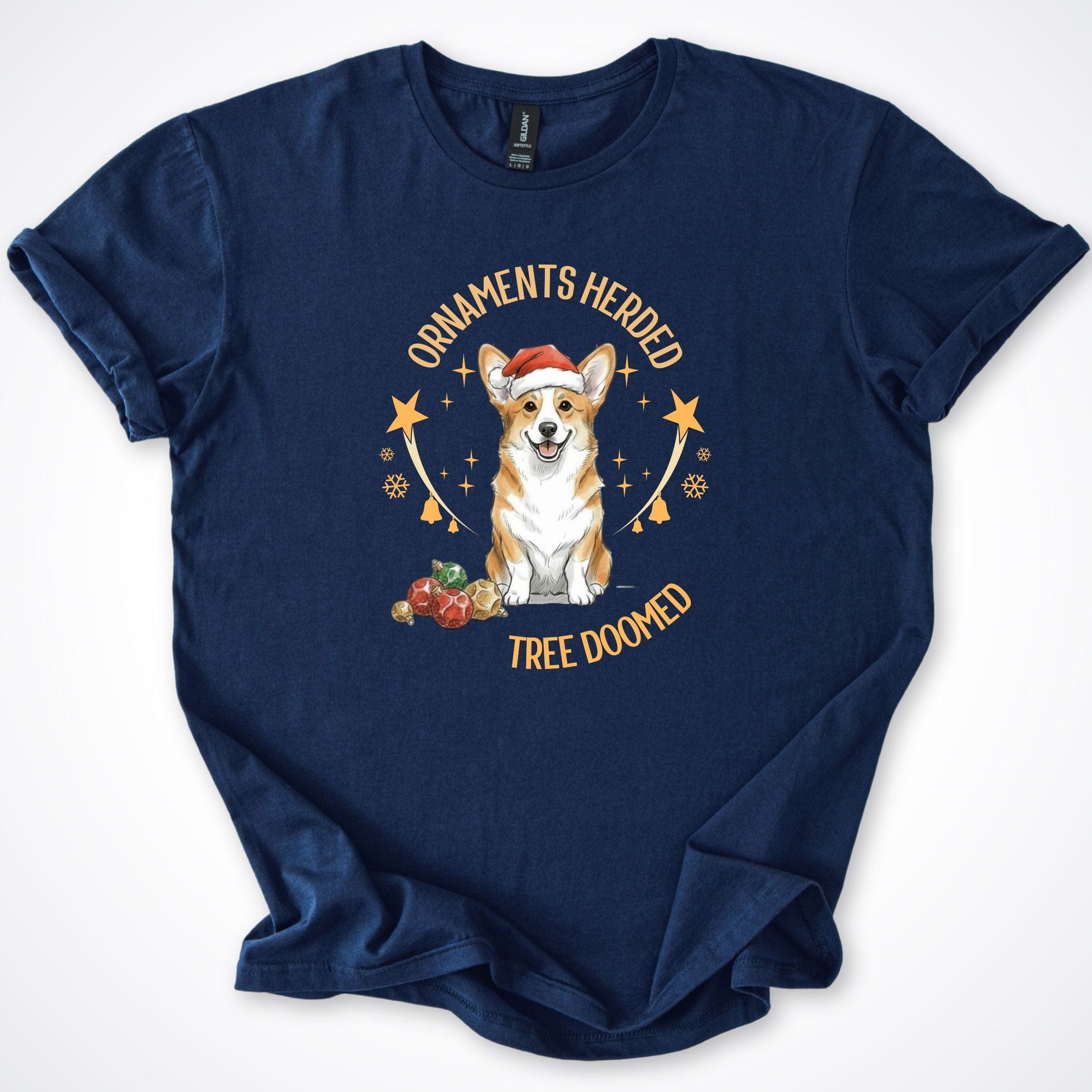 T-Shirt Navy / S Ornaments Herded Welsh Corgi Christmas T-Shirt ReallyintoDogs