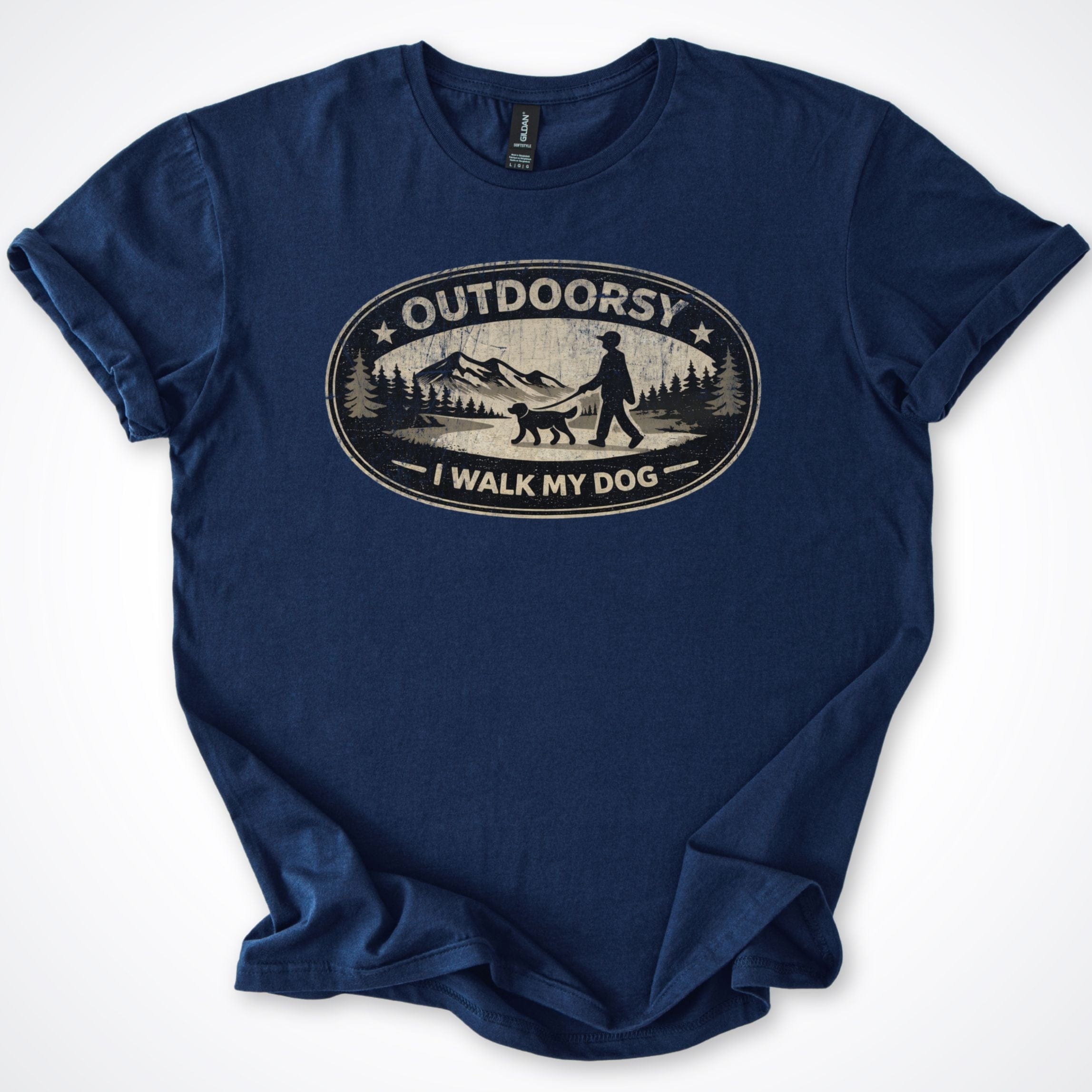T-Shirt Navy / S Outdoorsy I Walk My Dog Badge T-Shirt ReallyintoDogs
