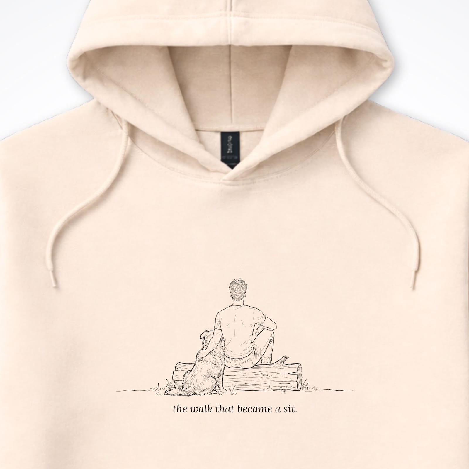 The Walk That Became A Sit Man & Dog Hooded Sweatshirt - design close up