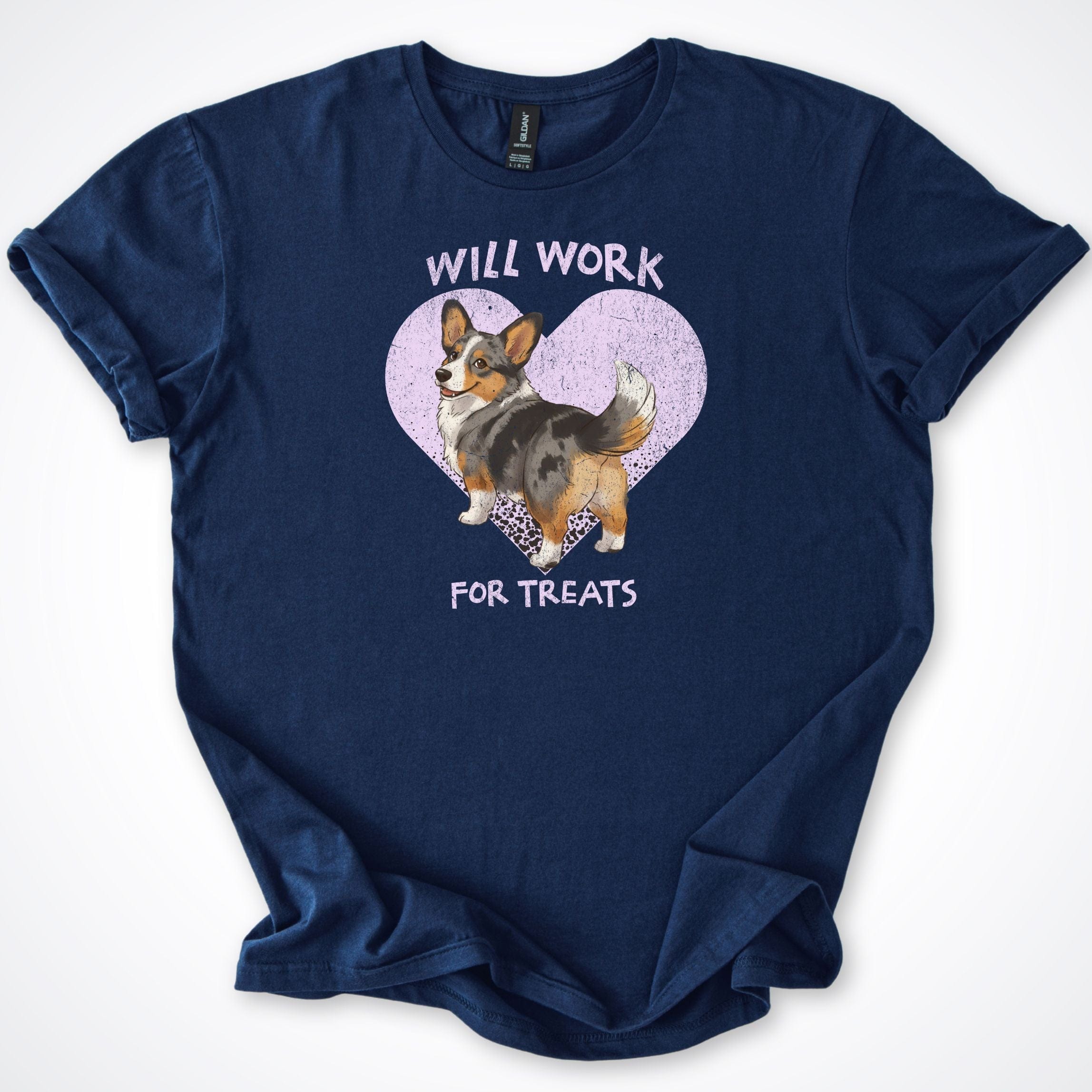 T-Shirt Navy / S Will Work For Treats Cardigan Corgi T-Shirt ReallyintoDogs
