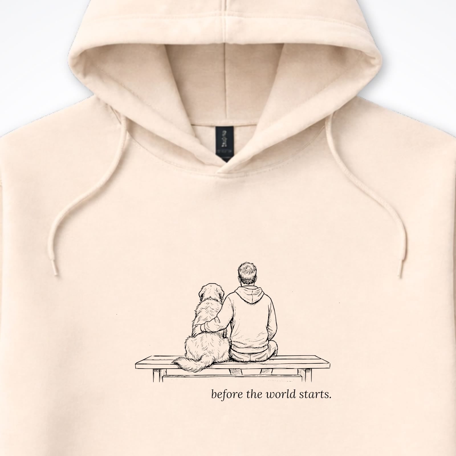 Before The World Starts Man & Dog Hooded Sweatshirt - design close up