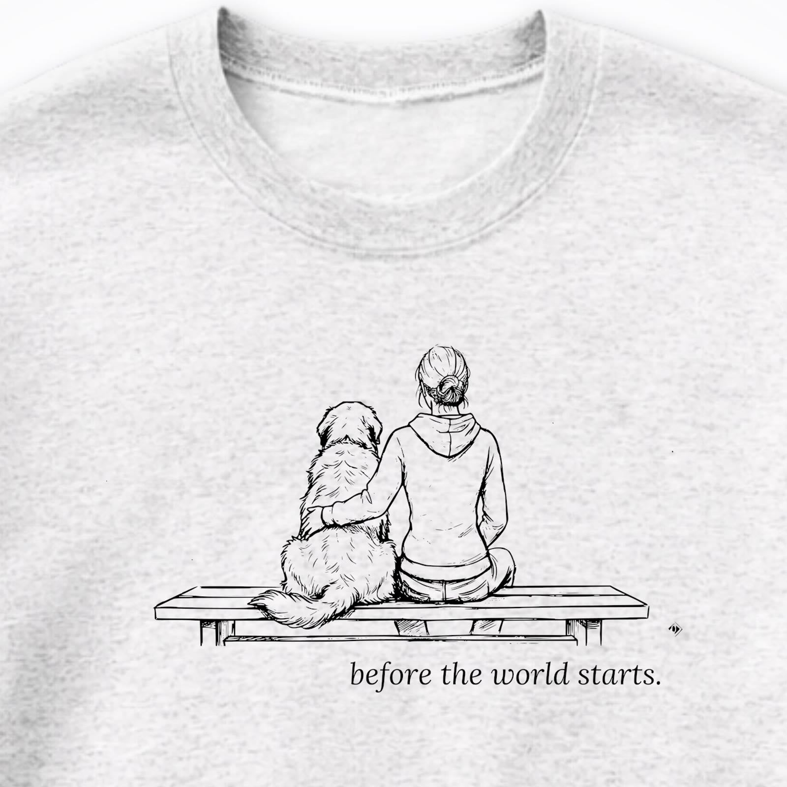 Before The World Starts Woman & Dog Crewneck Sweatshirt - design close up