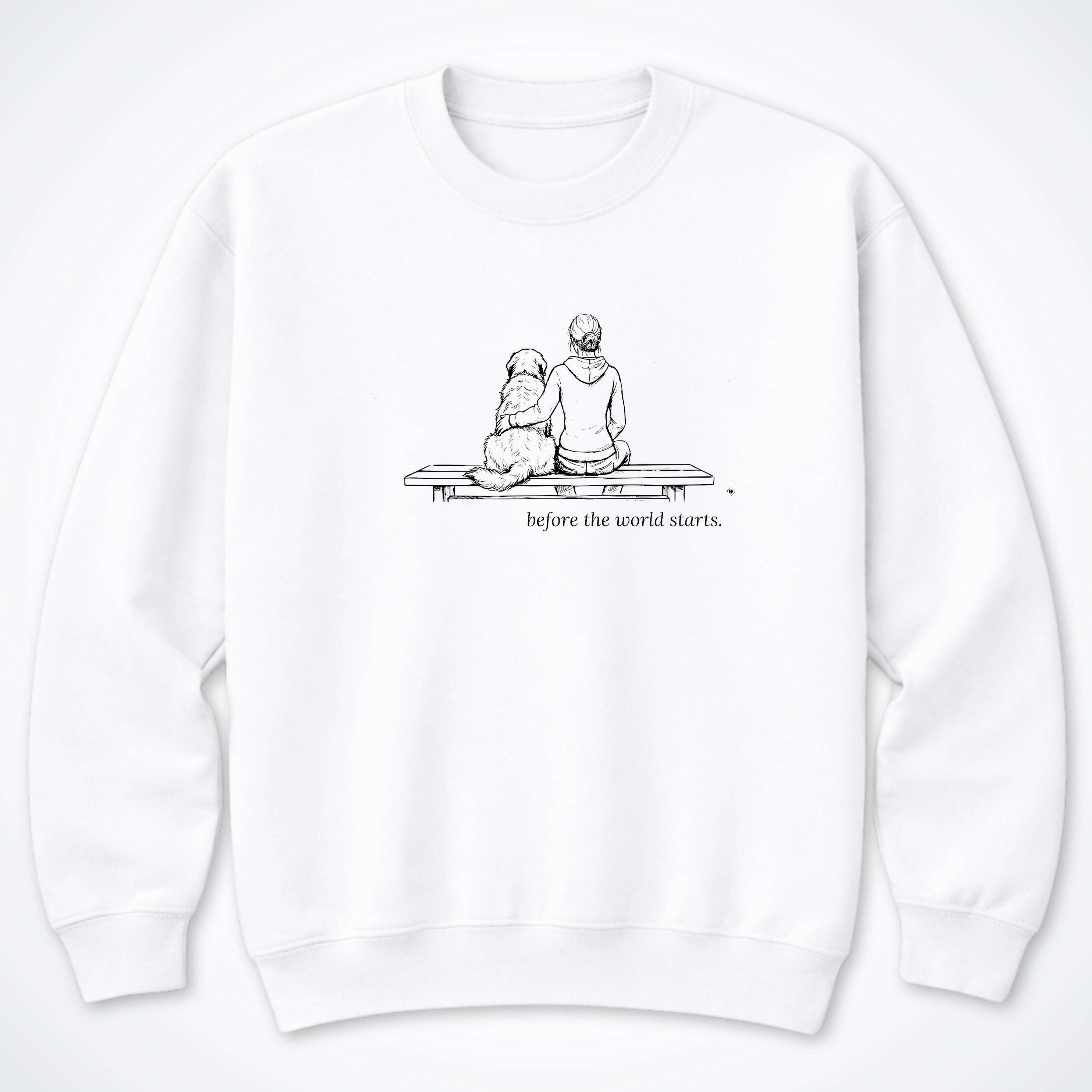 Before The World Starts Woman & Dog Crewneck Sweatshirt - White