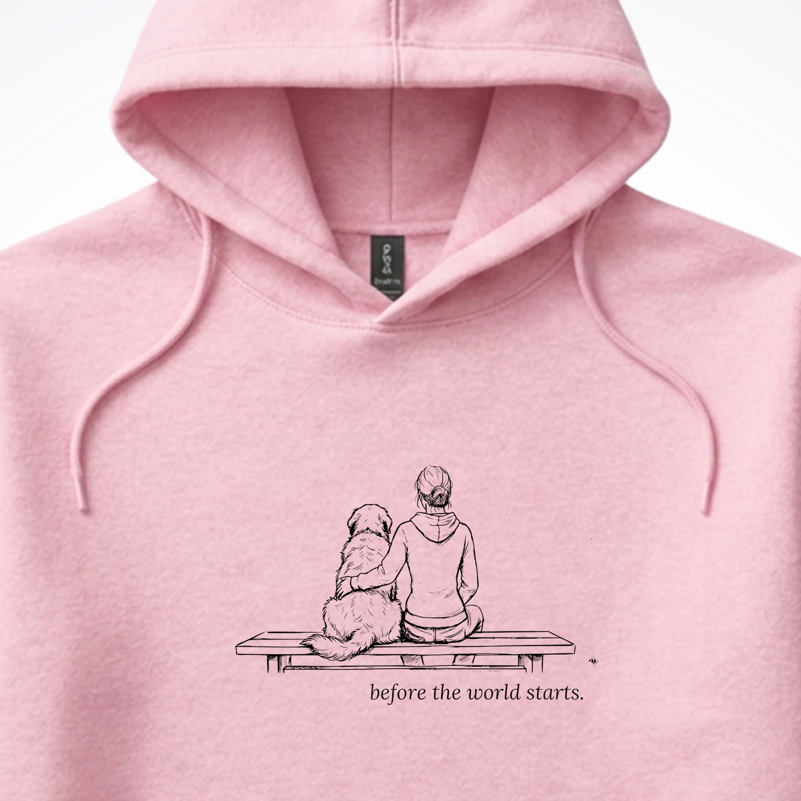 Before The World Starts Woman & Dog Hooded Sweatshirt - design close up