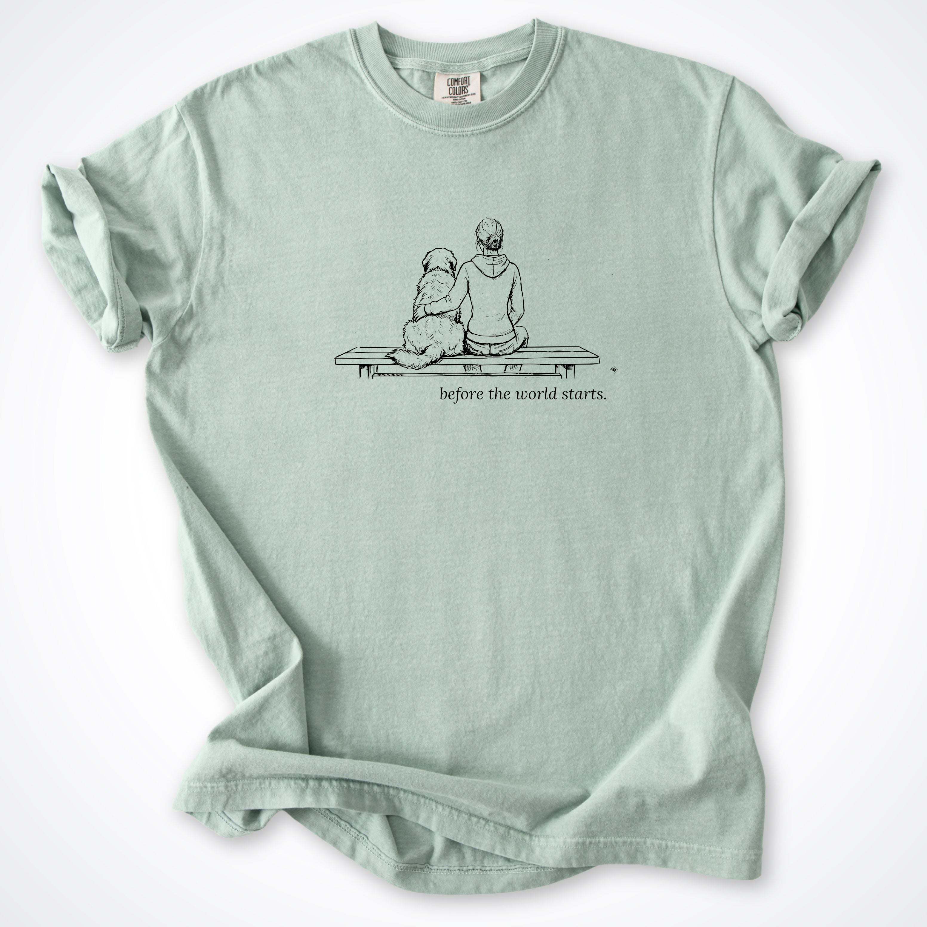 Before The World Starts Woman & Dog Premium T-Shirt - Bay