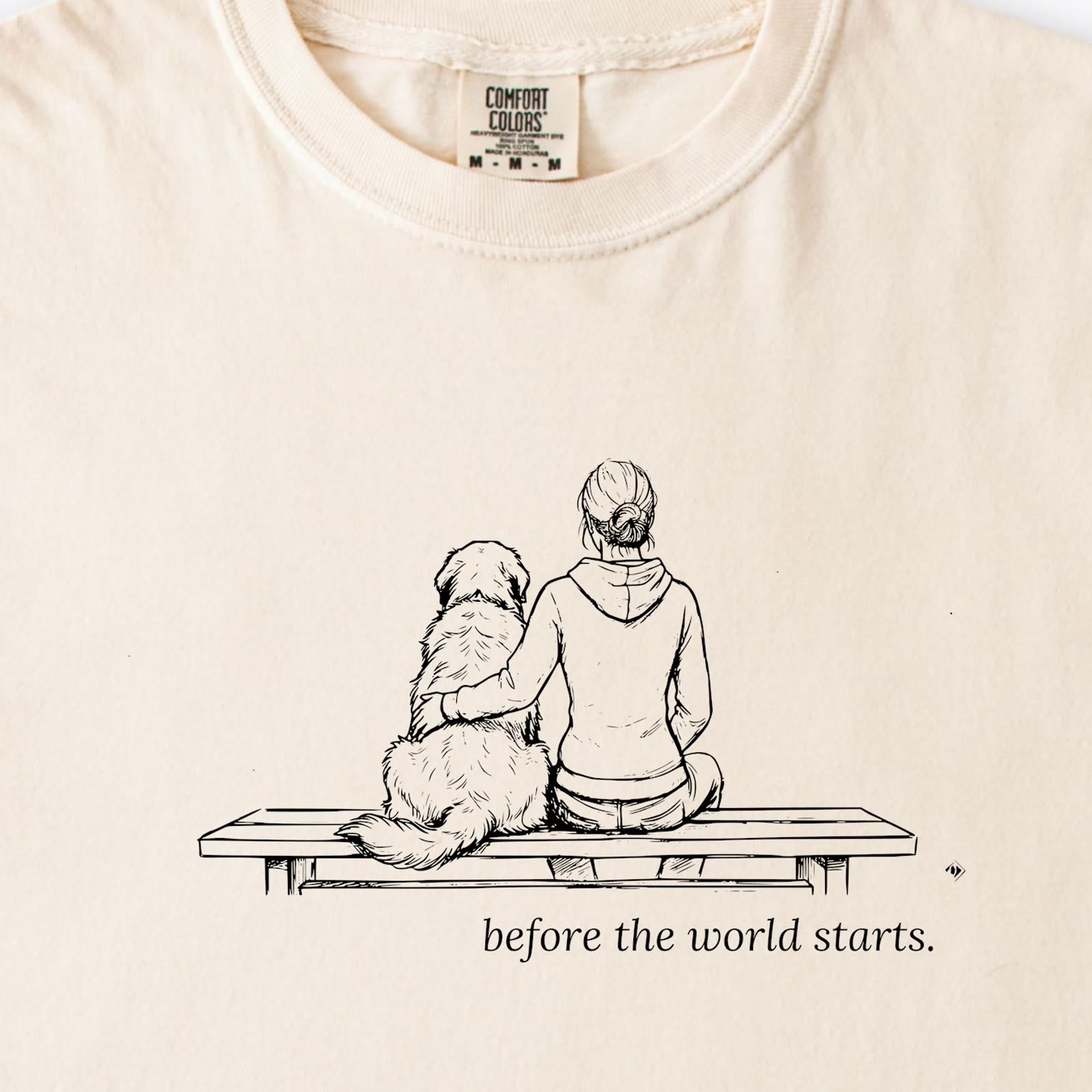 Before The World Starts Woman & Dog Premium T-Shirt - design close up