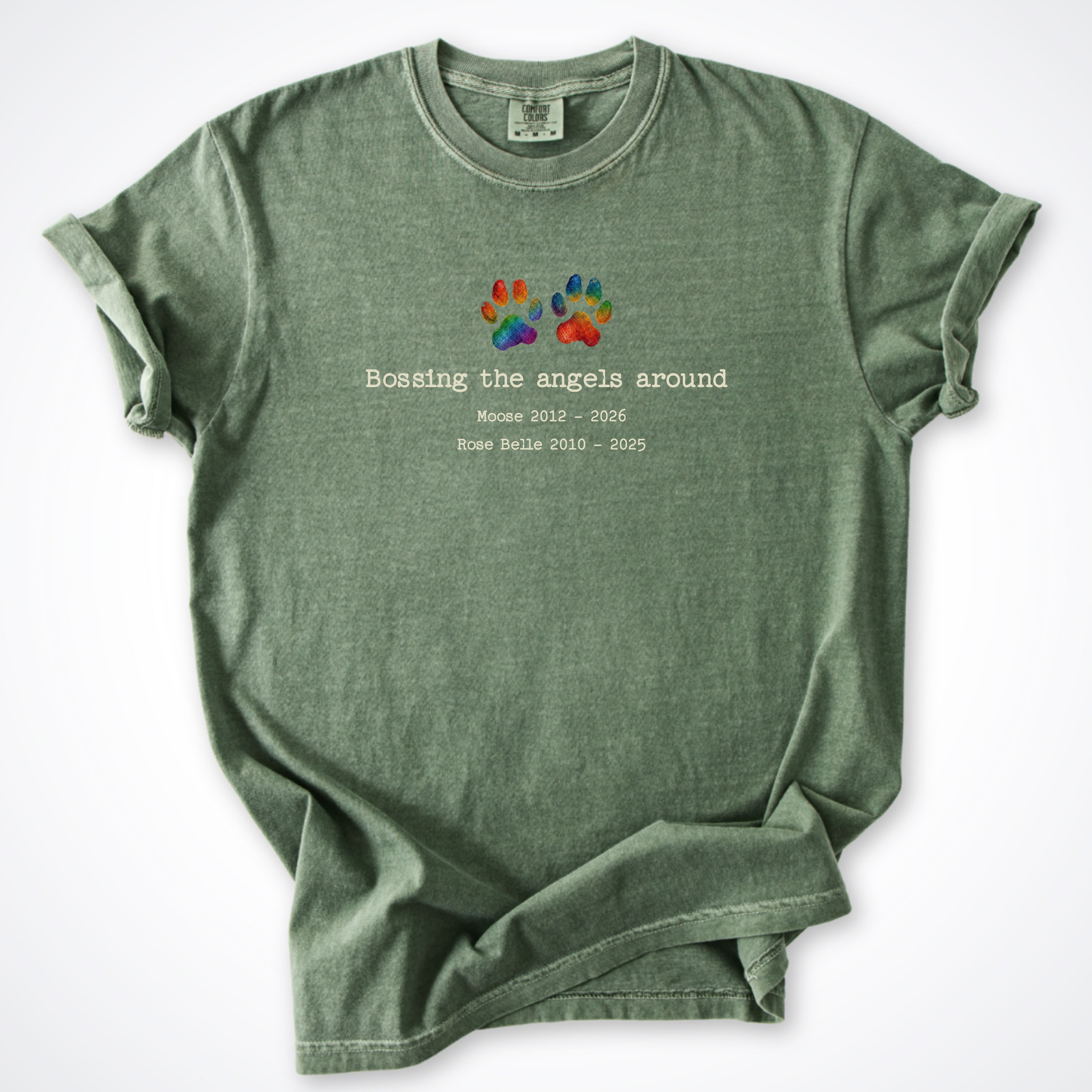 T-Shirt Moss / S Bossing The Angels Around 2 Dogs - Personalized Memorial Premium T-Shirt ReallyintoDogs