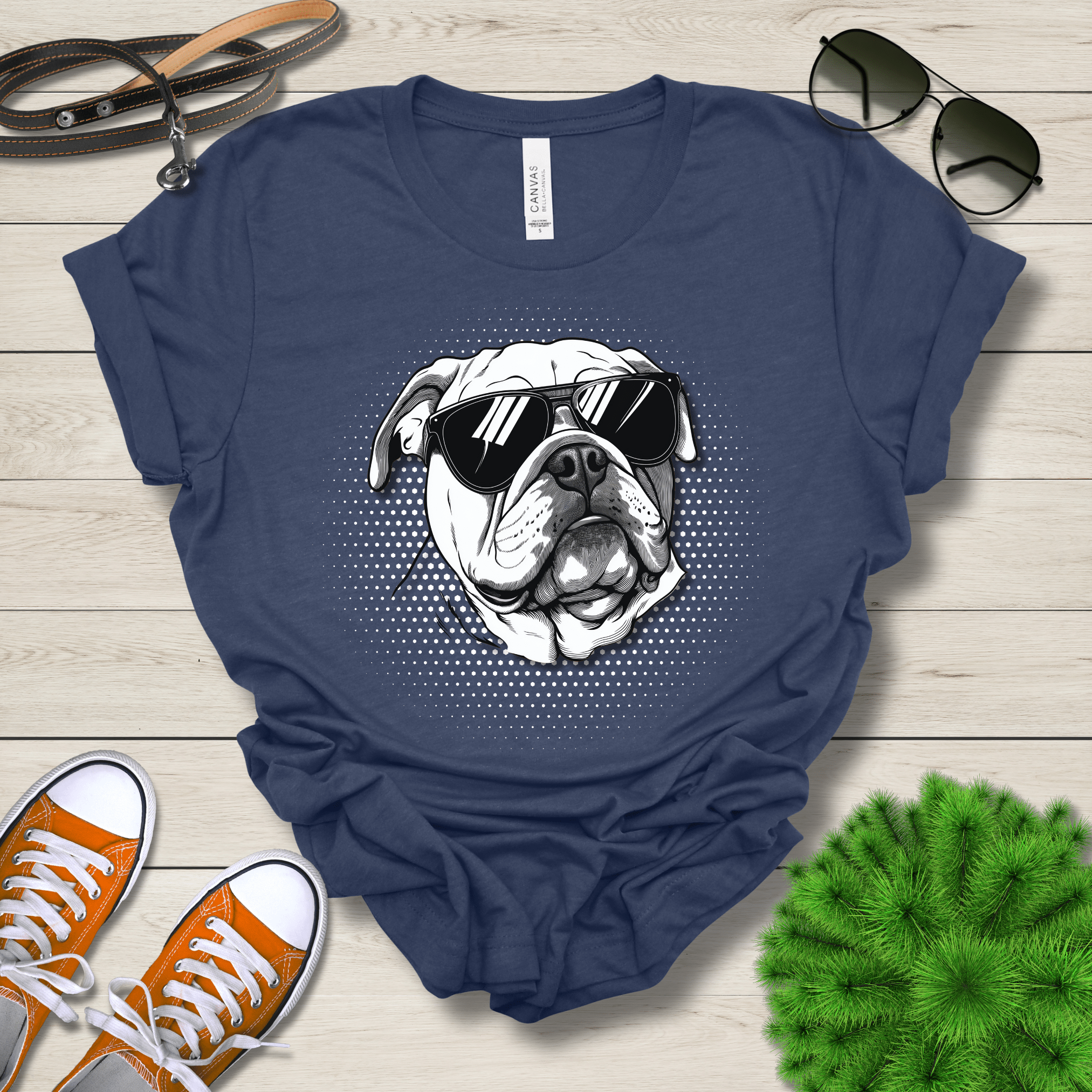 T-Shirt Heather Navy / S Bulldog Top Dog Cool Dog with Sunglasses Premium Unisex Tee --reallyintothat