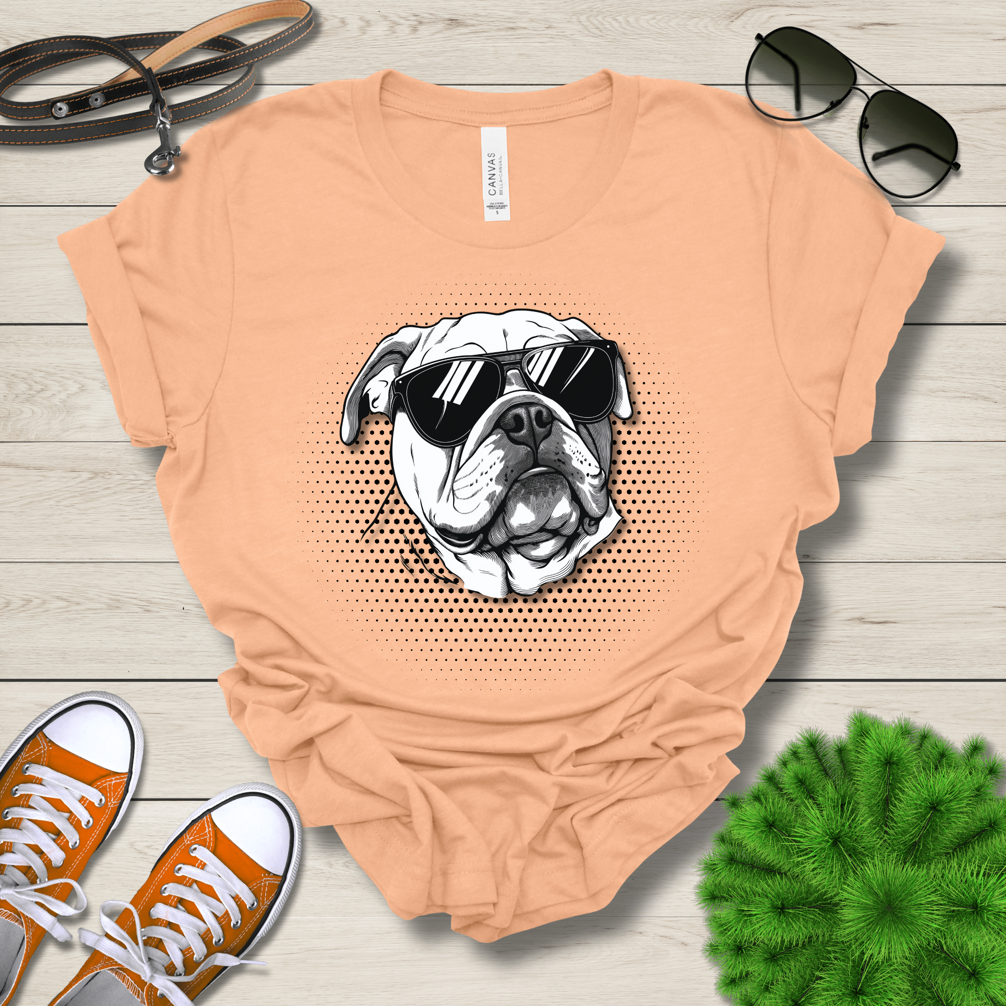 T-Shirt Heather Peach / S Bulldog Top Dog Cool Dog with Sunglasses Premium Unisex Tee --reallyintothat