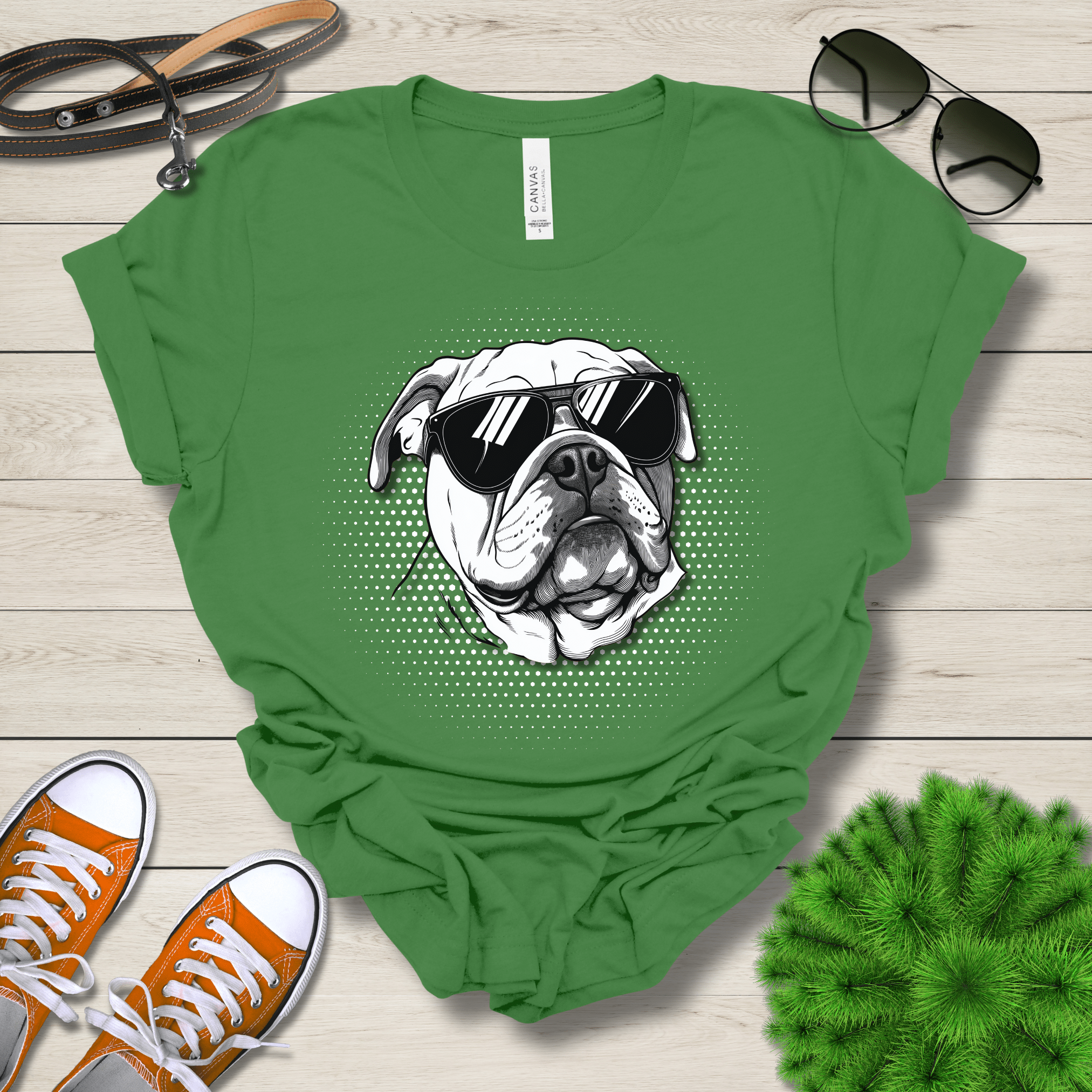 T-Shirt Leaf / S Bulldog Top Dog Cool Dog with Sunglasses Premium Unisex Tee --reallyintothat