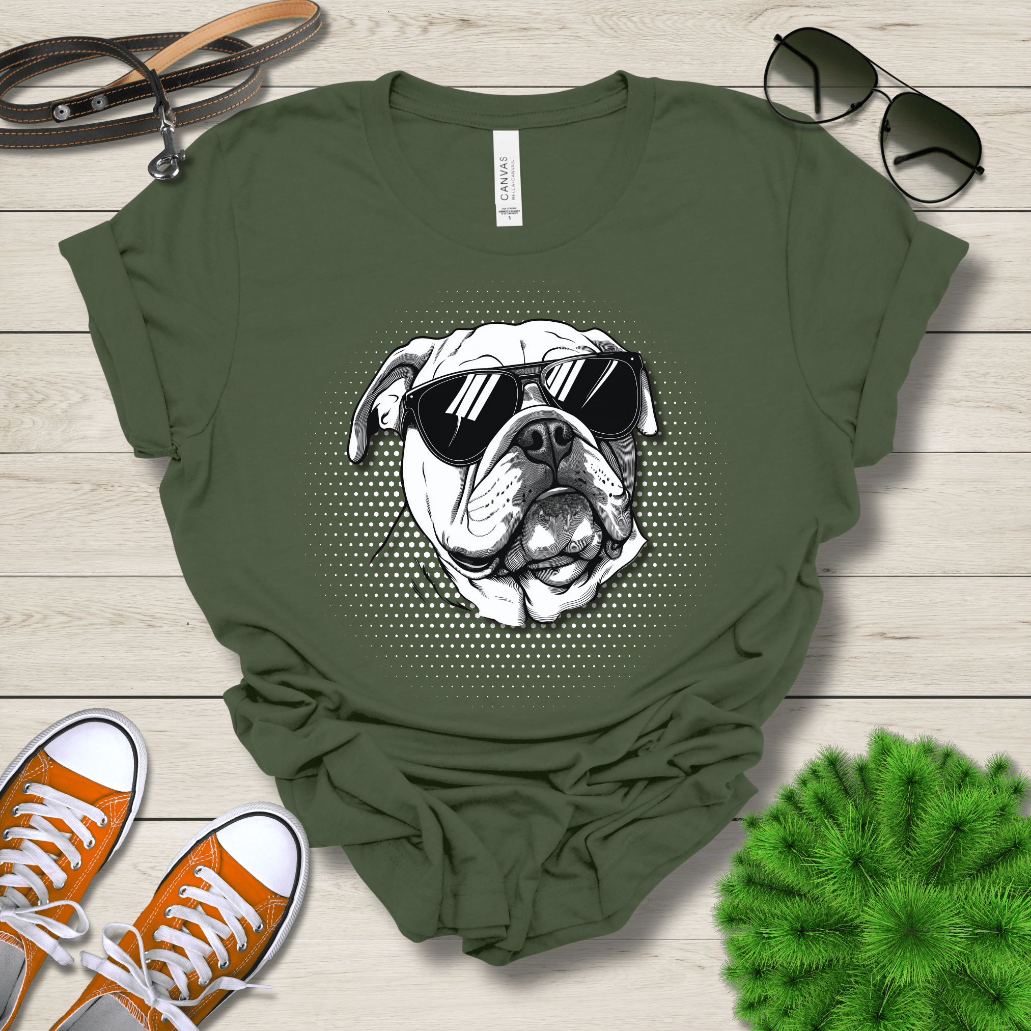 T-Shirt Military Green / S Bulldog Top Dog Cool Dog with Sunglasses Premium Unisex Tee --reallyintothat