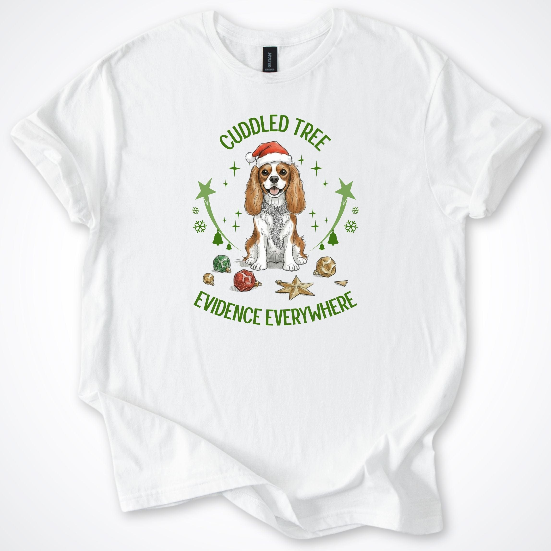 T-Shirt White / S Cuddled Tree Cavalier Christmas T-Shirt ReallyintoDogs