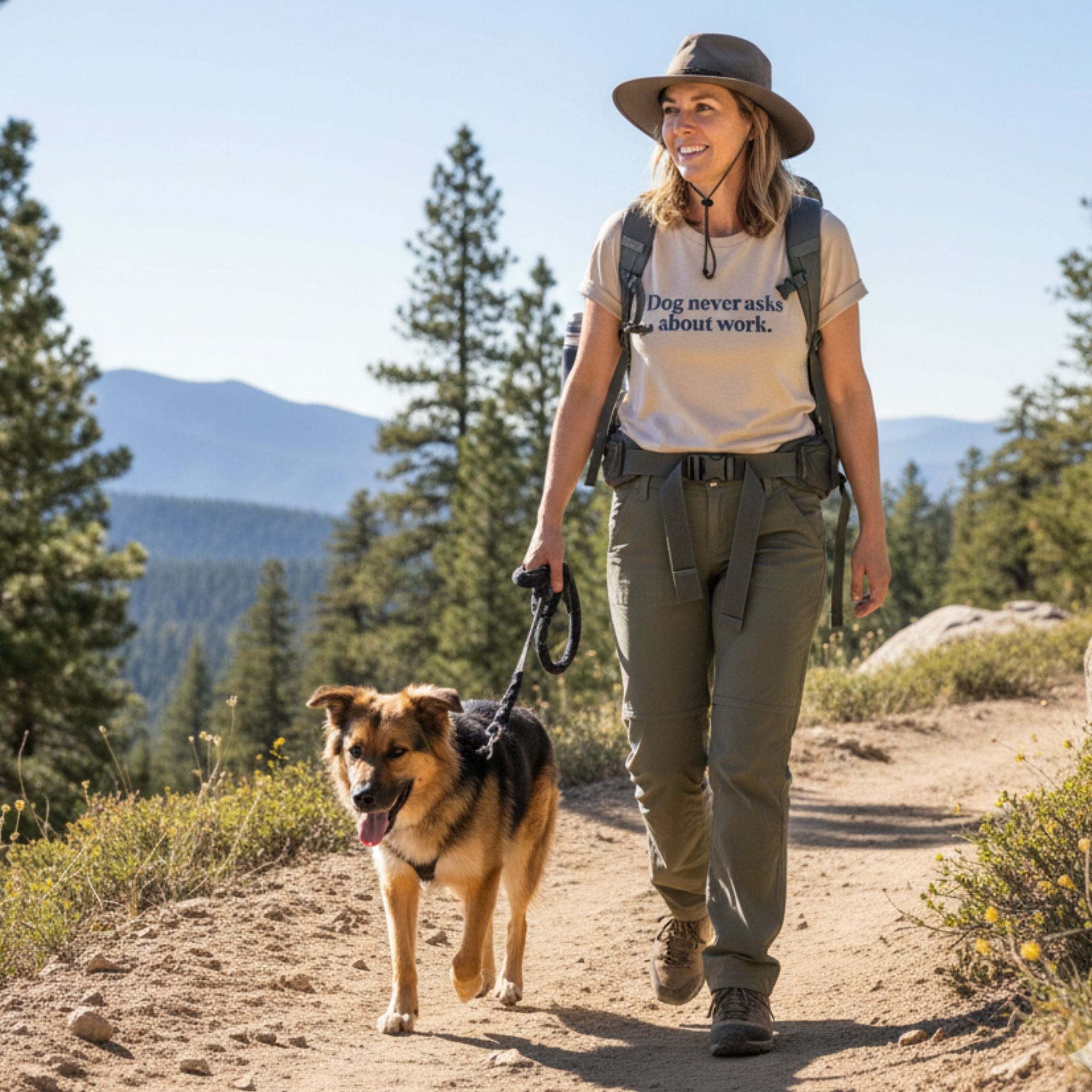 T-Shirt Sand / S Dog Never Asks About Work. T-Shirt ReallyintoDogs