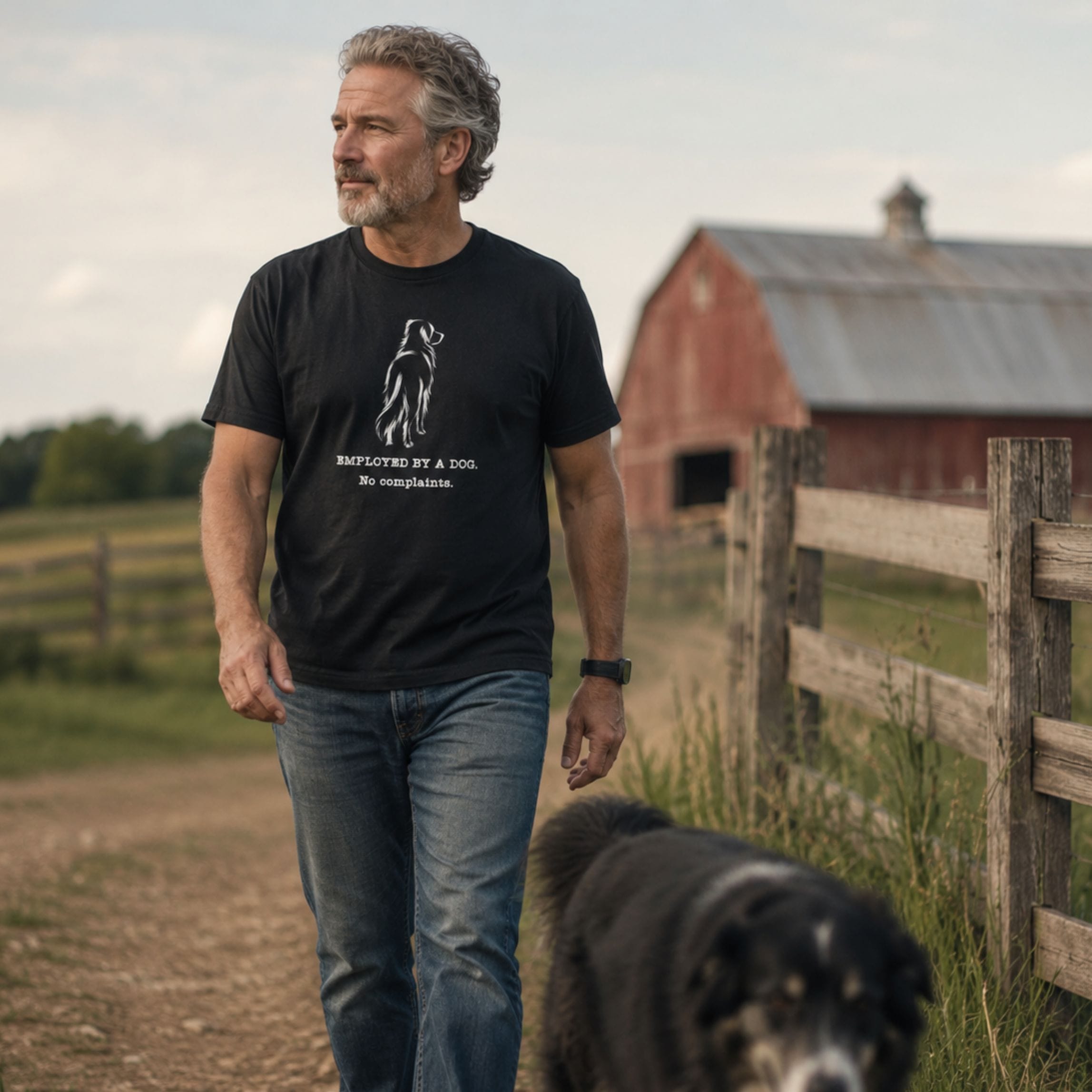 T-Shirt Black / S Employed By A Dog. Large Long Coat Dog T-Shirt ReallyintoDogs