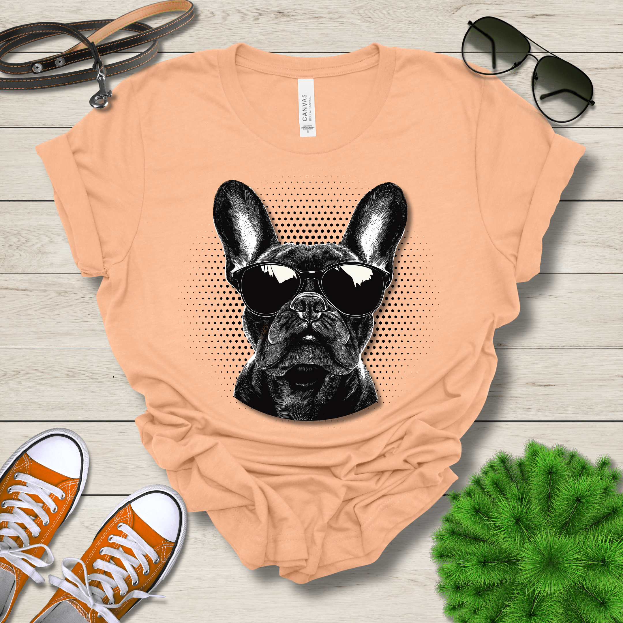 T-Shirt Heather Peach / S French Bulldog Top Dog Cool Dog with Sunglasses Premium Unisex Tee --reallyintothat