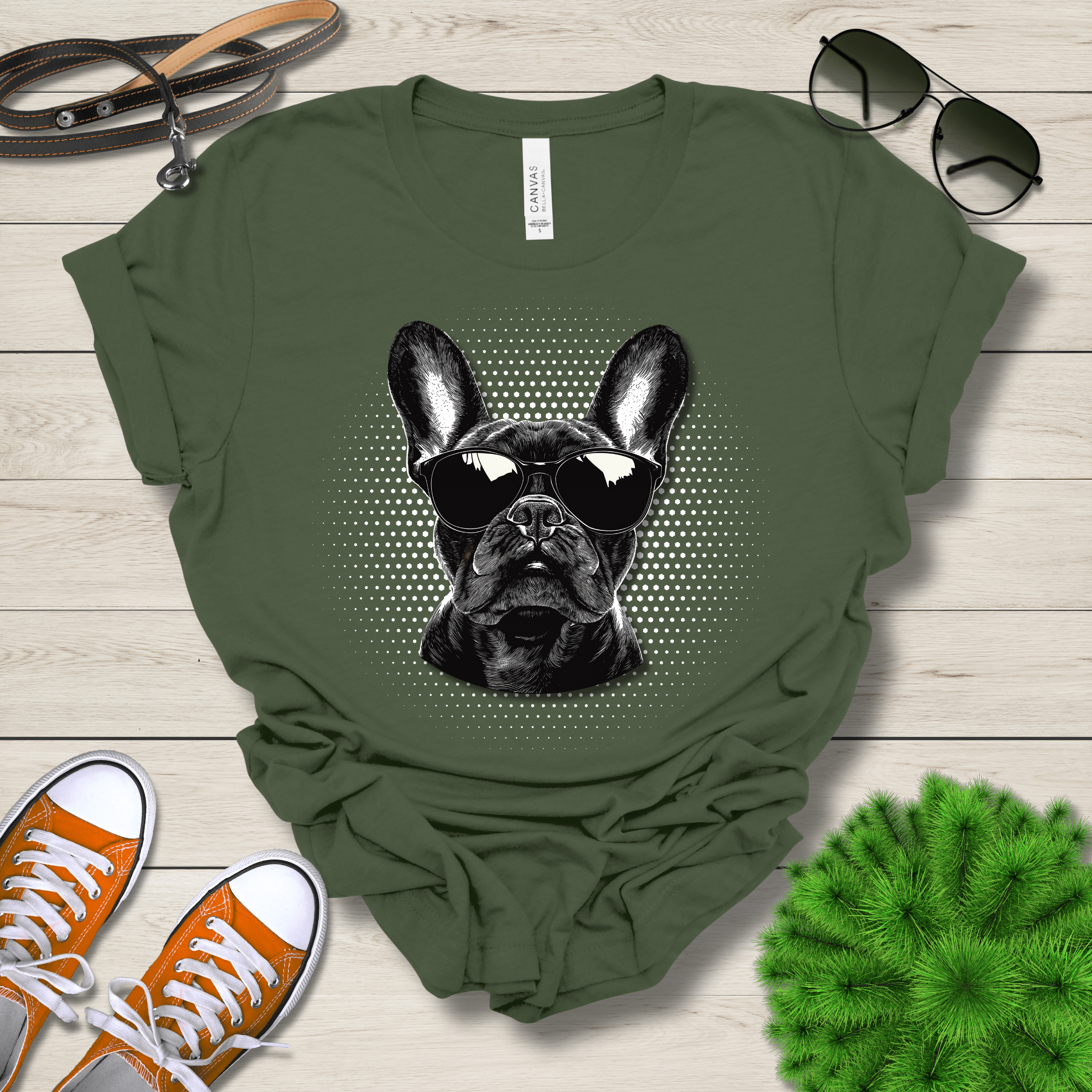 T-Shirt Military Green / S French Bulldog Top Dog Cool Dog with Sunglasses Premium Unisex Tee --reallyintothat