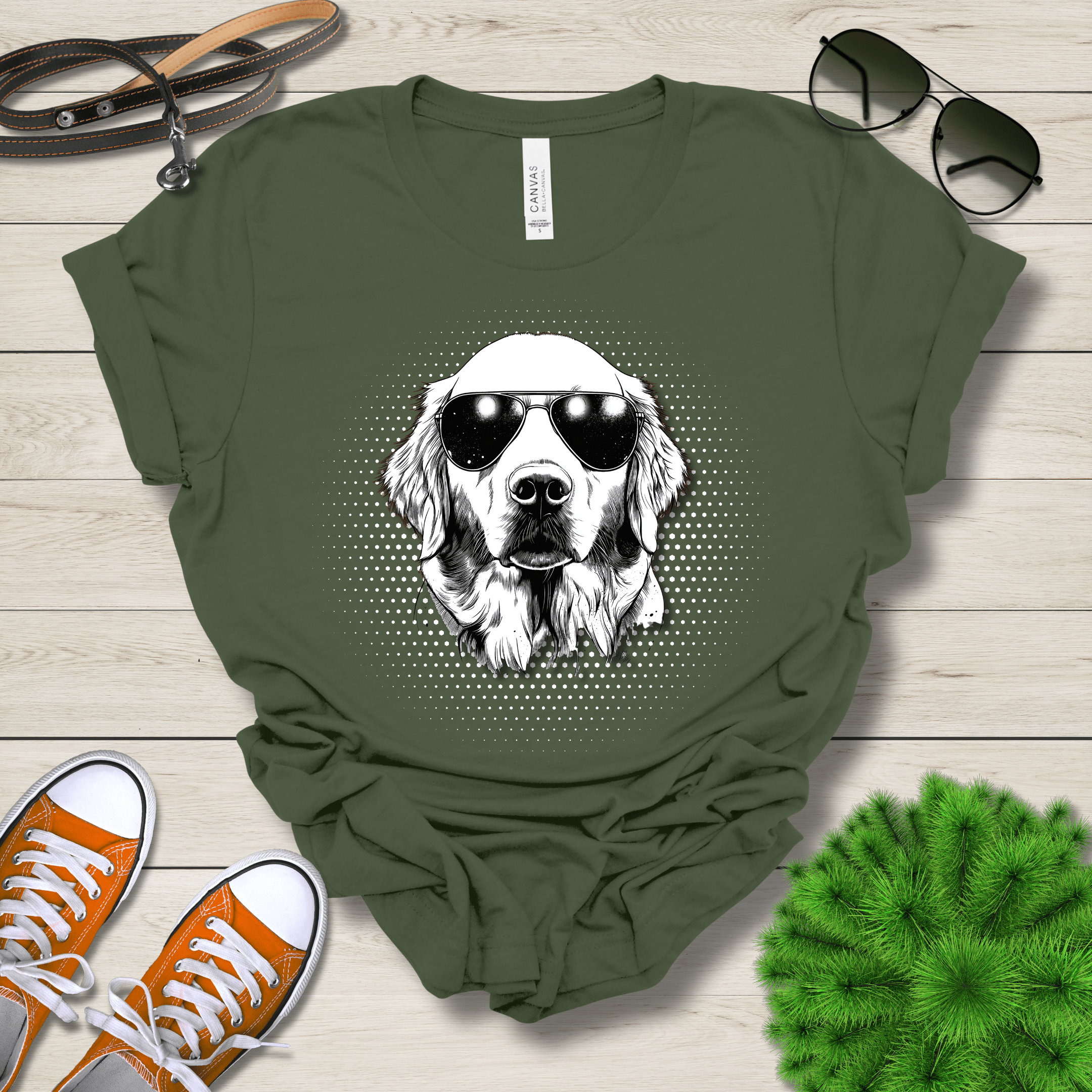 T-Shirt Military Green / S Golden Retreiver Top Dog Cool Dog with Sunglasses Premium Unisex Tee --reallyintothat