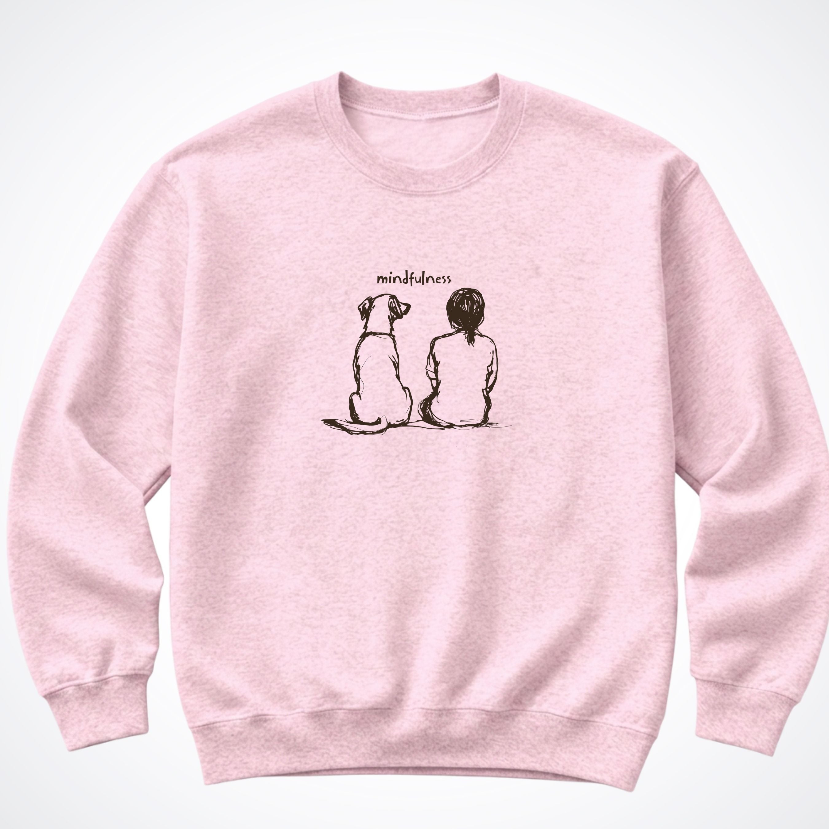Mindfulness Girl with Dog Crewneck Sweatshirt - Light Pink