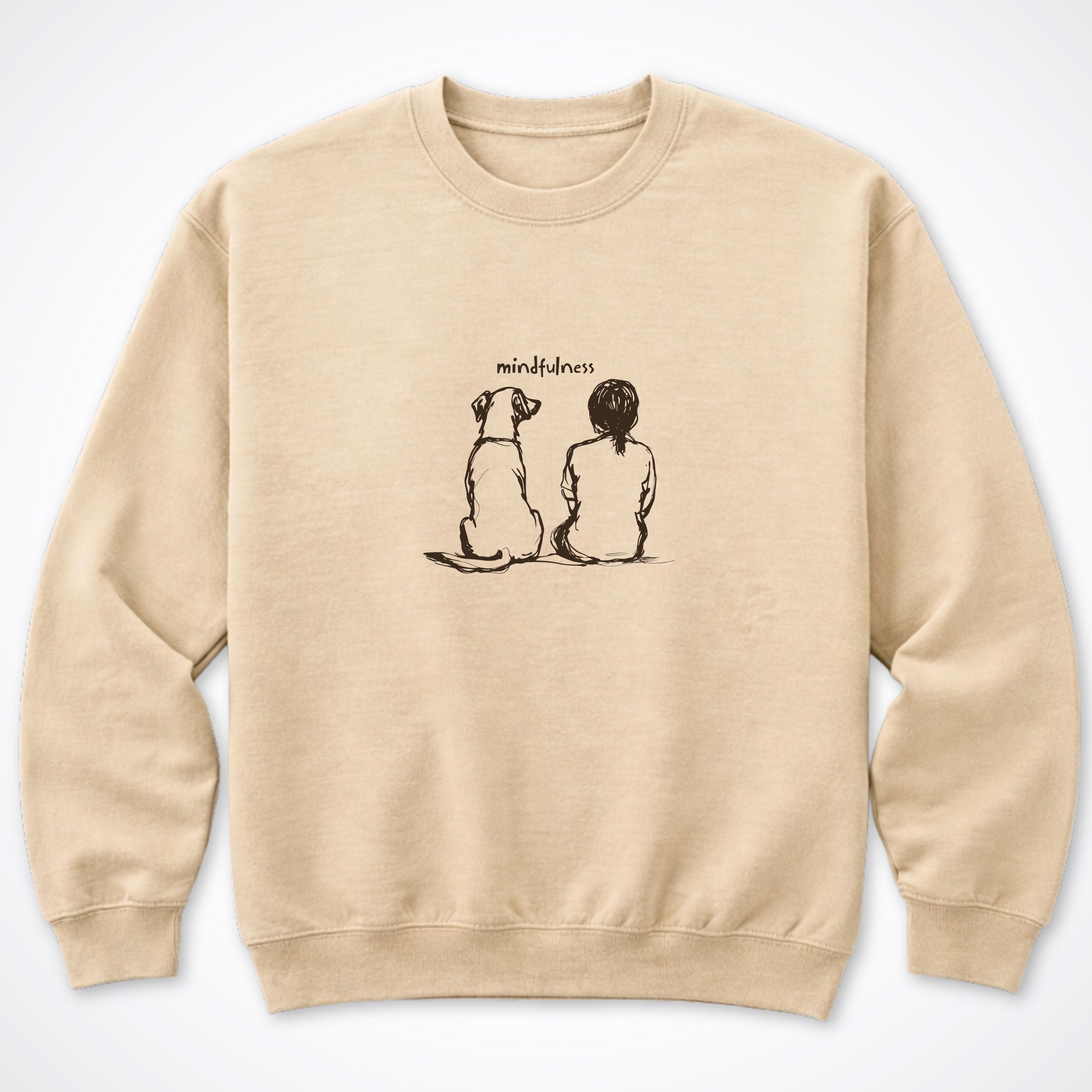 Mindfulness Girl with Dog Crewneck Sweatshirt - Sand