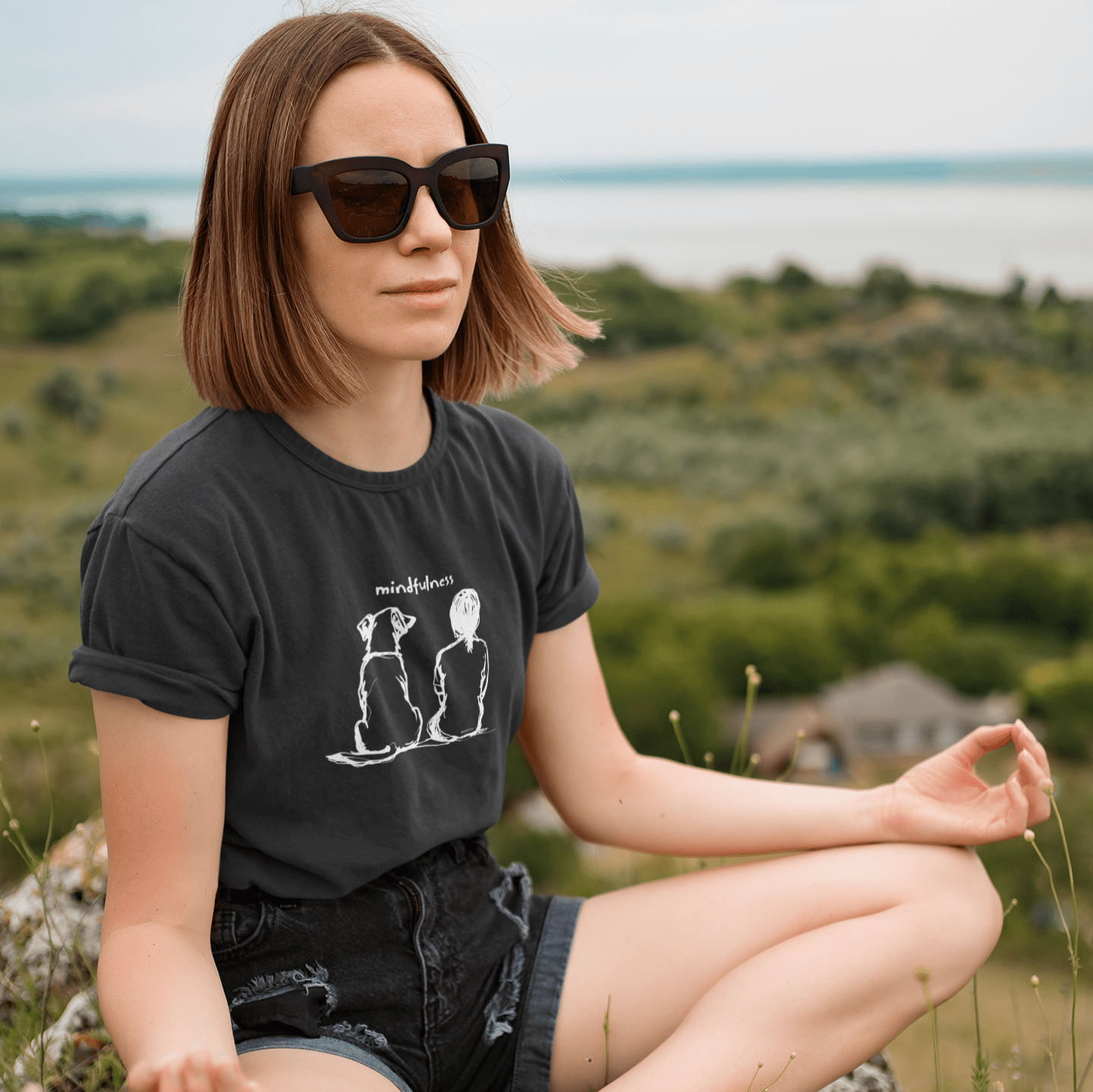 T-Shirt Mindfulness Girl with Dog Premium Unisex Tee - Fun Casual Wear for Dog Lovers --reallyintothat