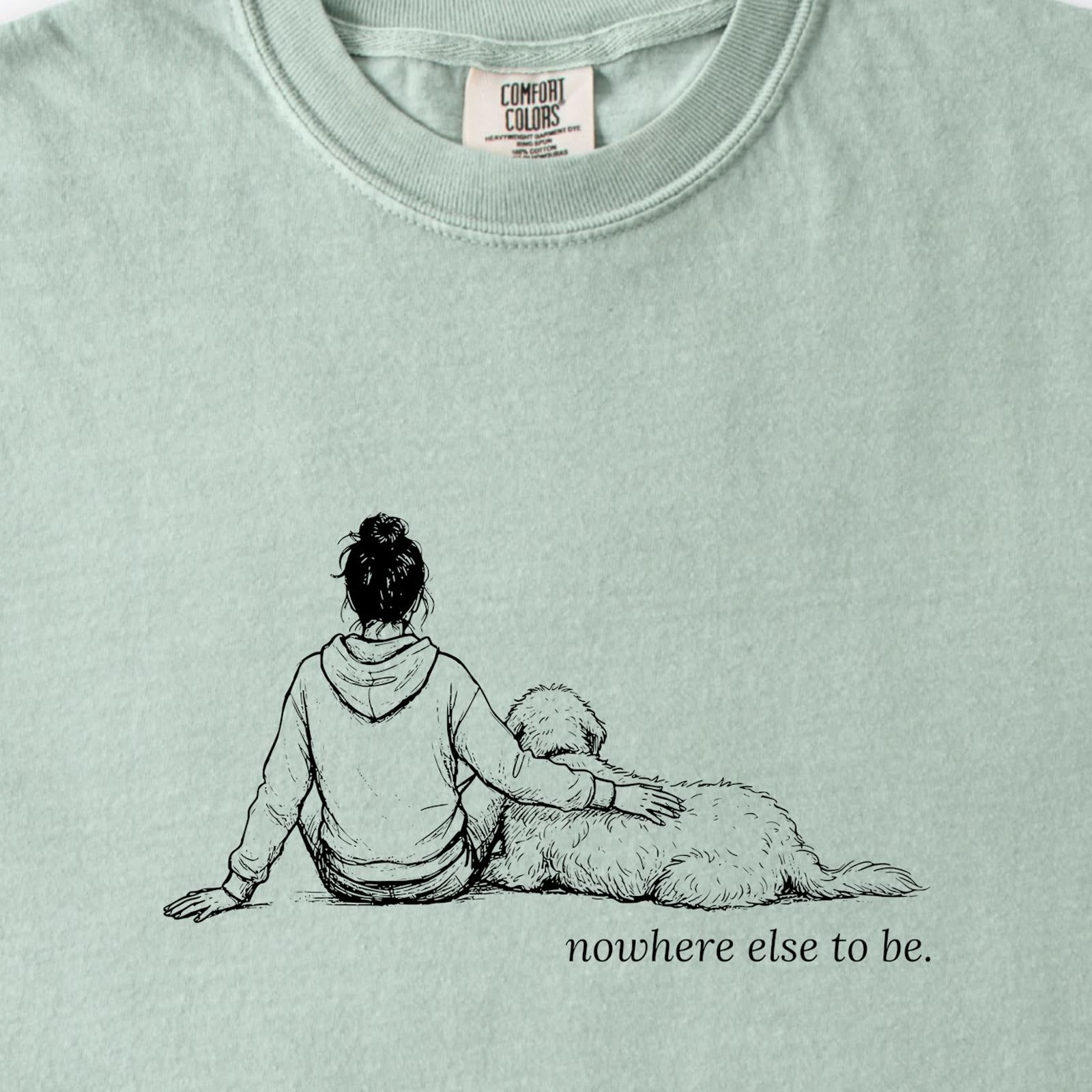 Nowhere Else To Be Woman & Dog Premium T-Shirt - design close up