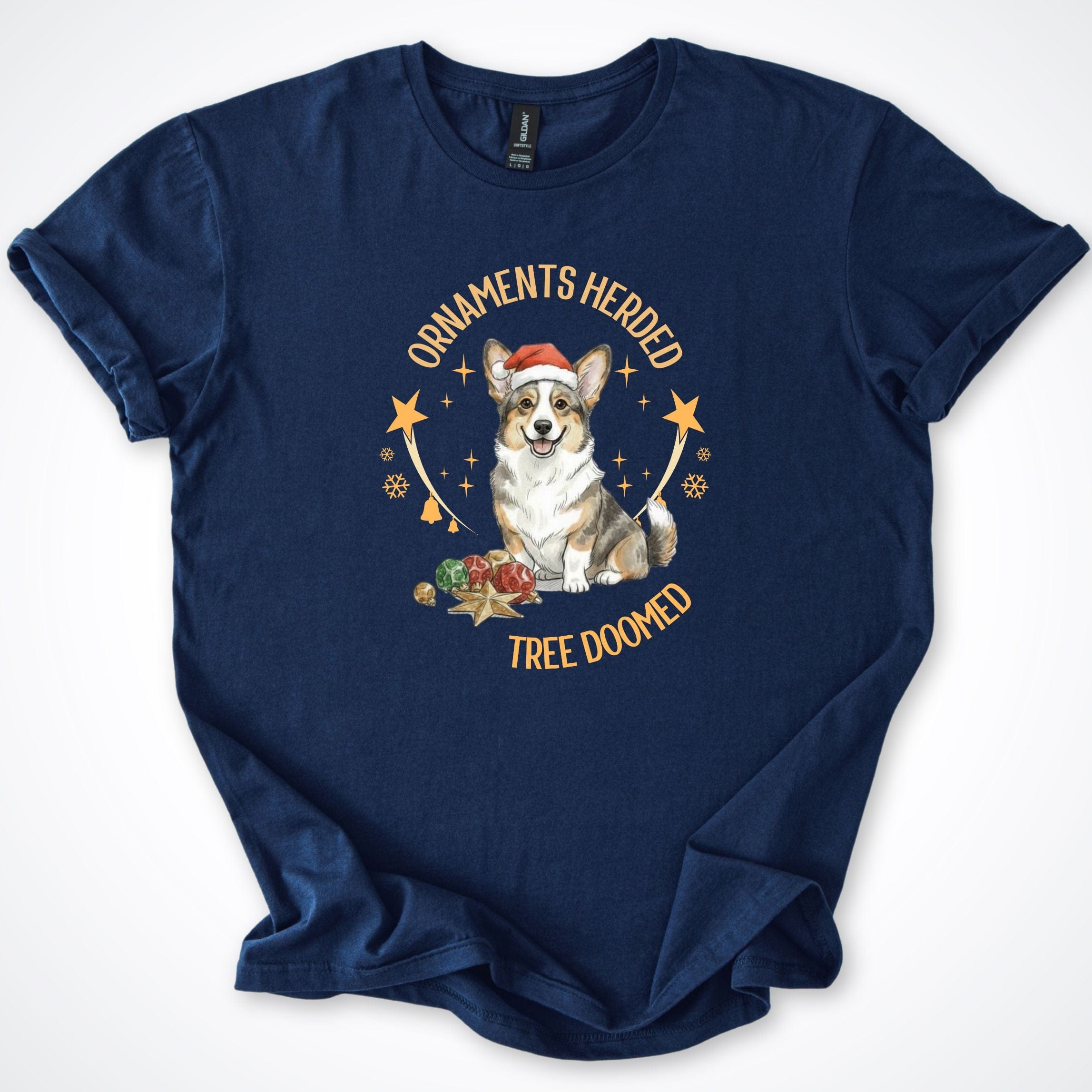 T-Shirt Navy / S Ornaments Herded Cardigan Corgi Christmas T-Shirt ReallyintoDogs