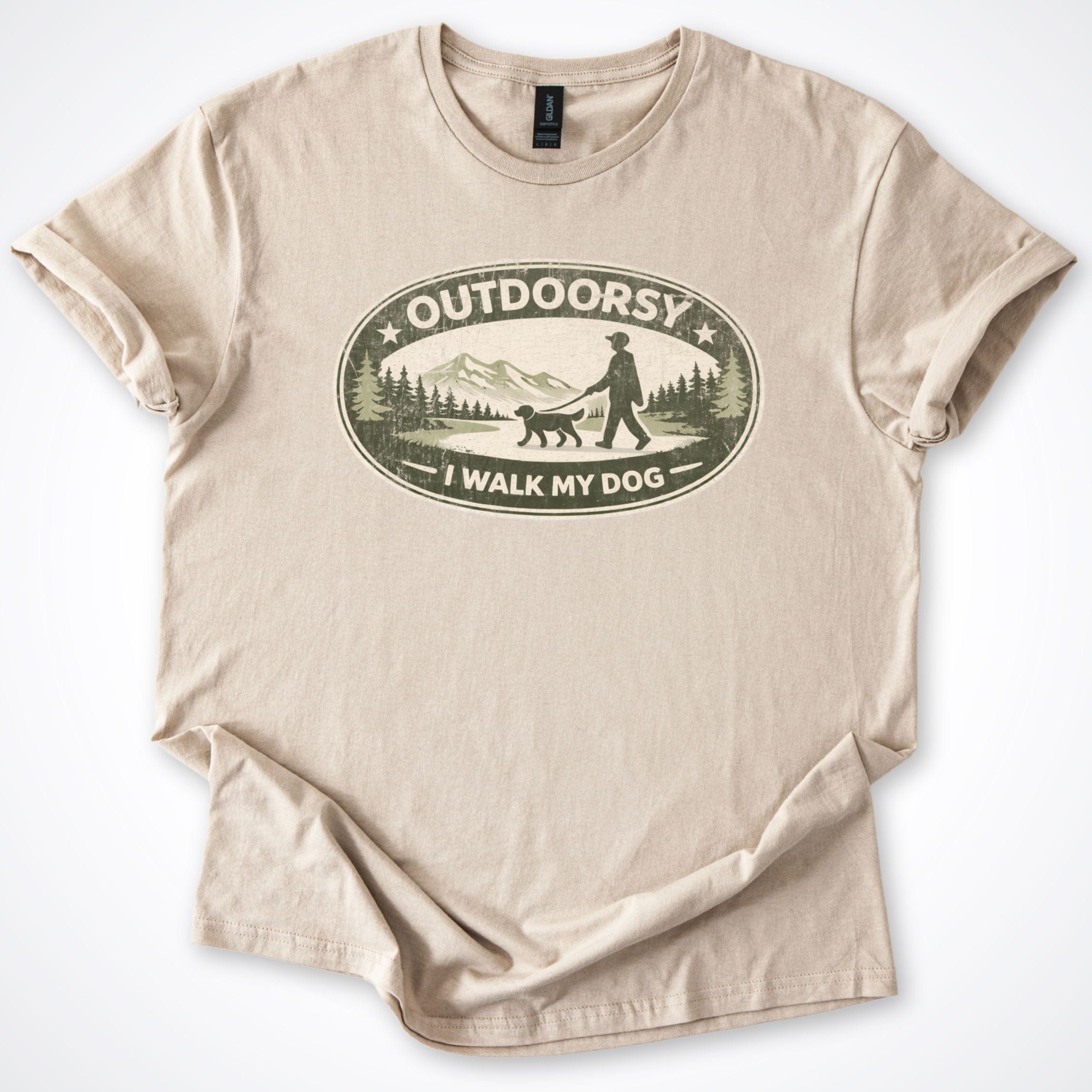 T-Shirt Sand / S Outdoorsy I Walk My Dog Badge T-Shirt ReallyintoDogs