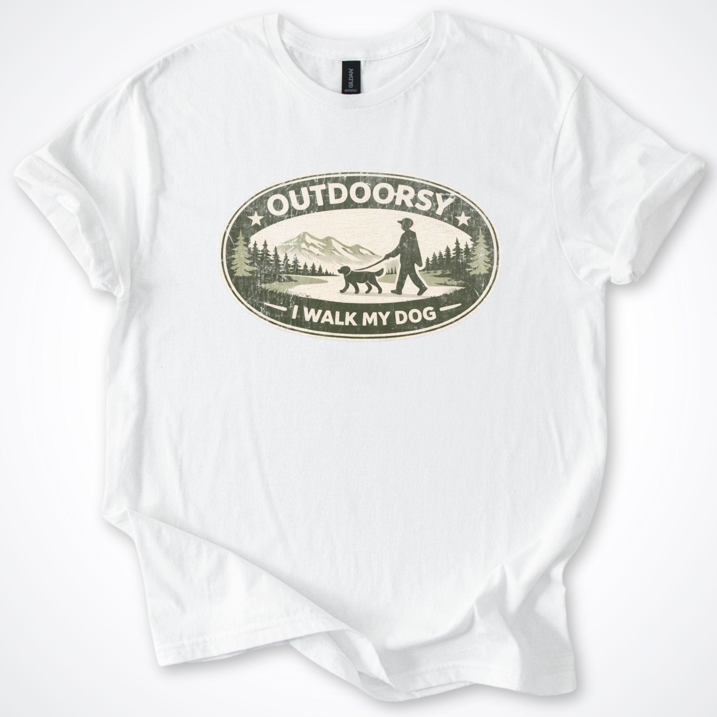 T-Shirt White / S Outdoorsy I Walk My Dog Badge T-Shirt ReallyintoDogs