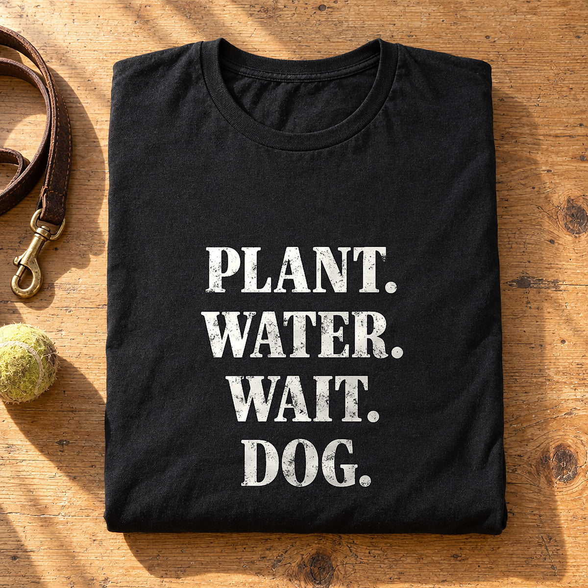 Plant. Water. Wait. Dog. Black folded