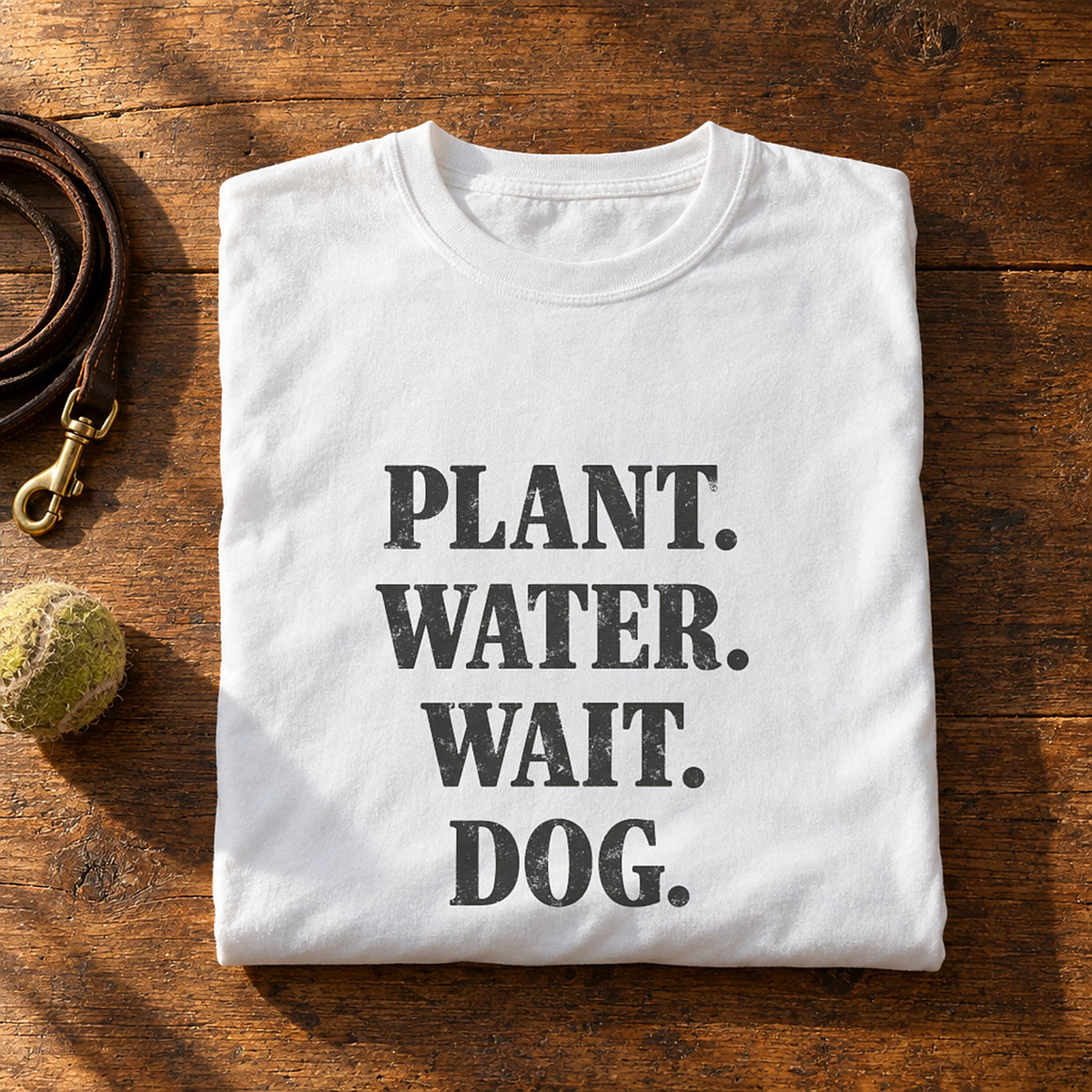 Plant. Water. Wait. Dog. White folded
