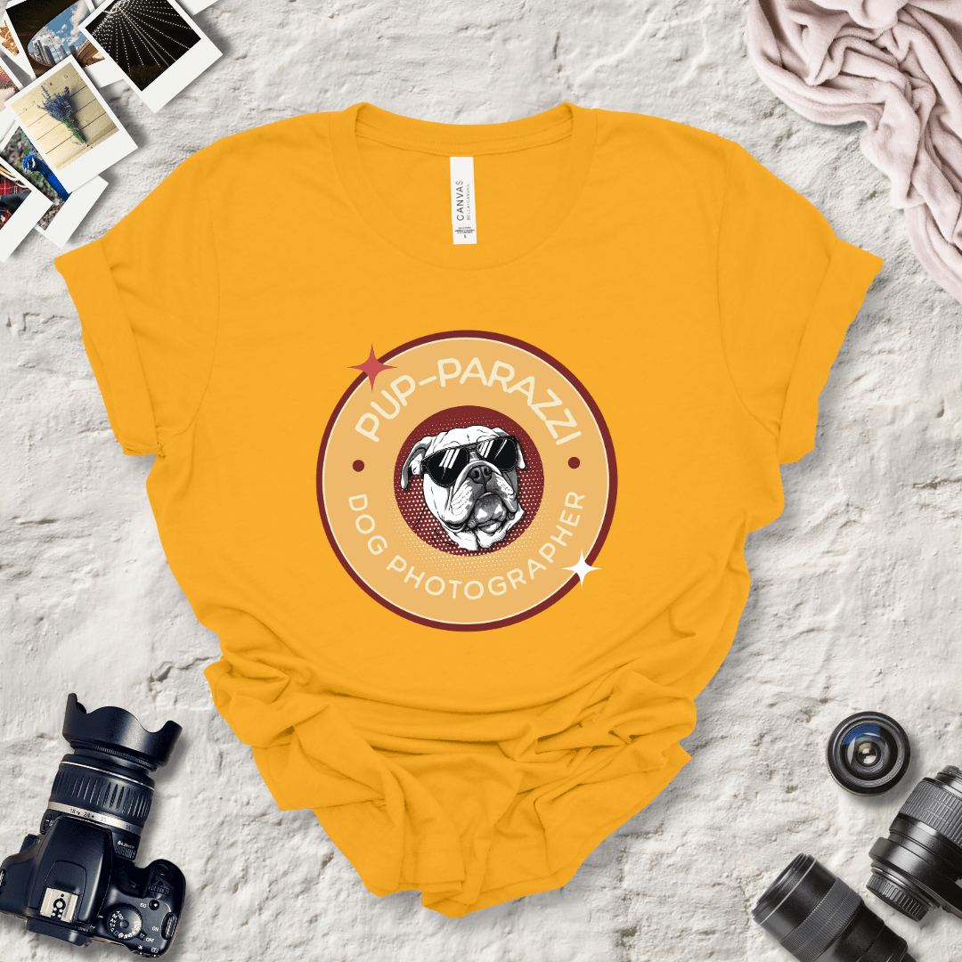 T-Shirt Gold / S Pup-parazzi Bulldog Wearing Sunglasses Premium Unisex Tee - Fun Casual Wear for Dog Lovers --reallyintothat