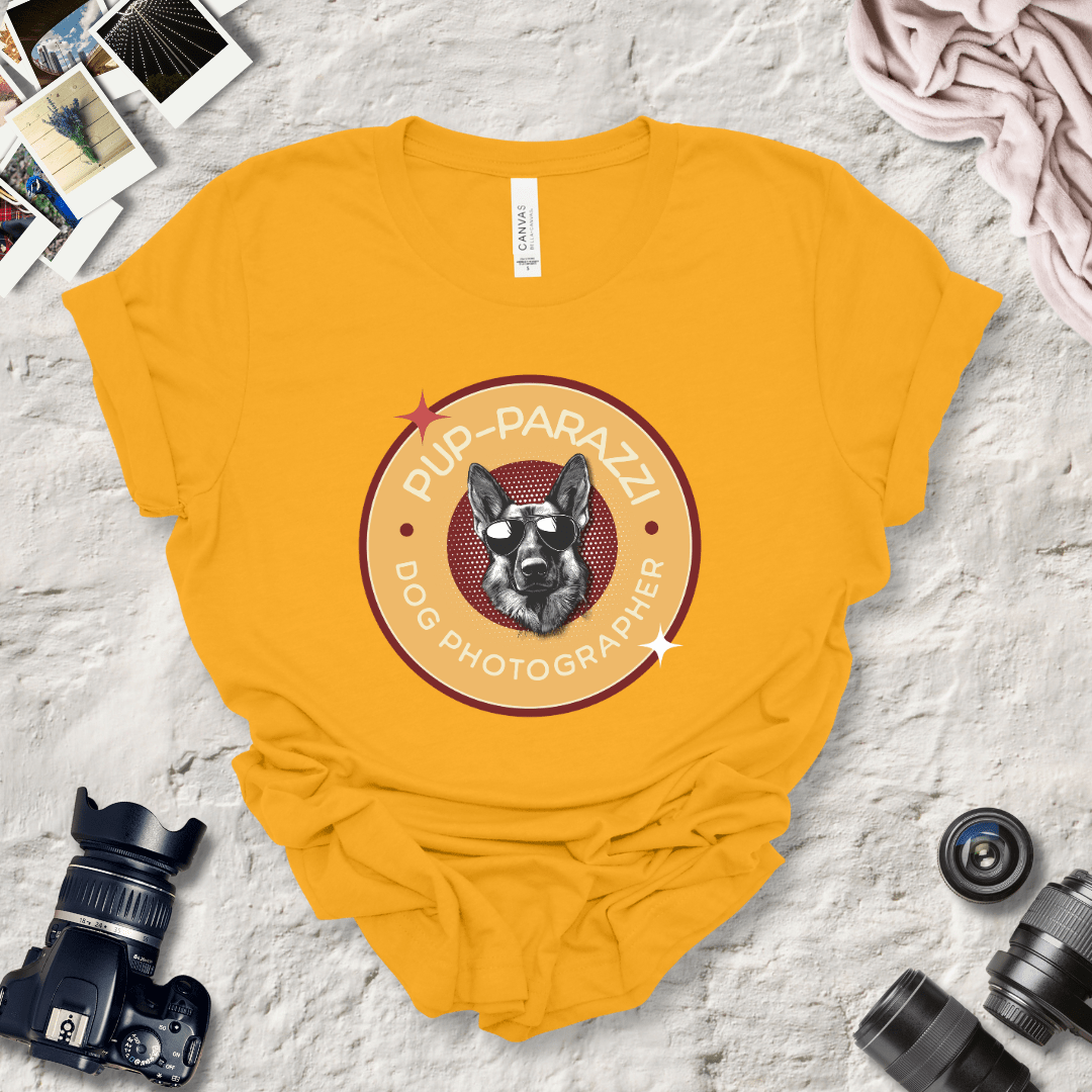 T-Shirt Gold / S Pup-parazzi German Shepherd Wearing Sunglasses Premium Unisex Tee - Fun Casual Wear for Dog Lovers --reallyintothat