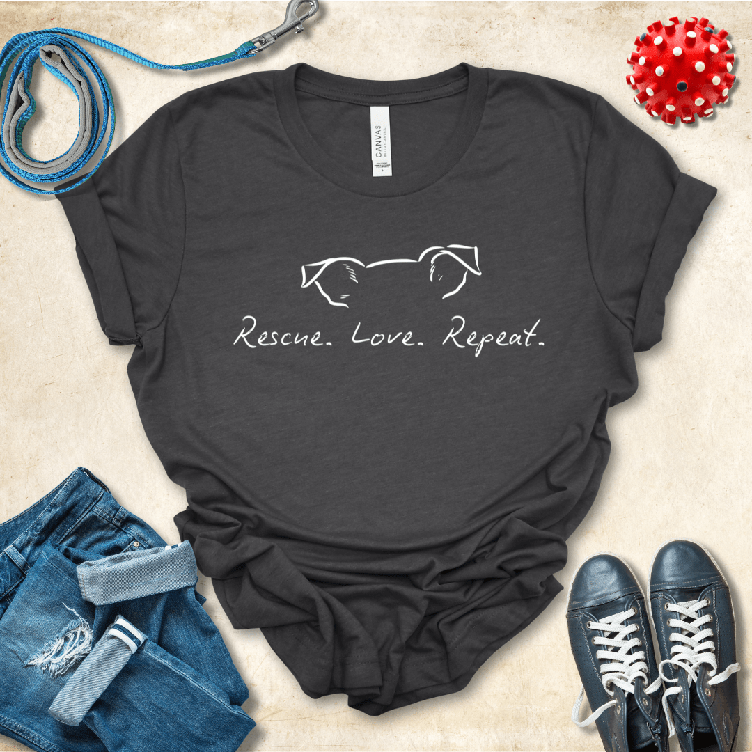 T-Shirt Dark Grey Heather / S Rescue Love Repeat Premium Unisex Tee - Fun Casual Wear for Dog Lovers --reallyintothat