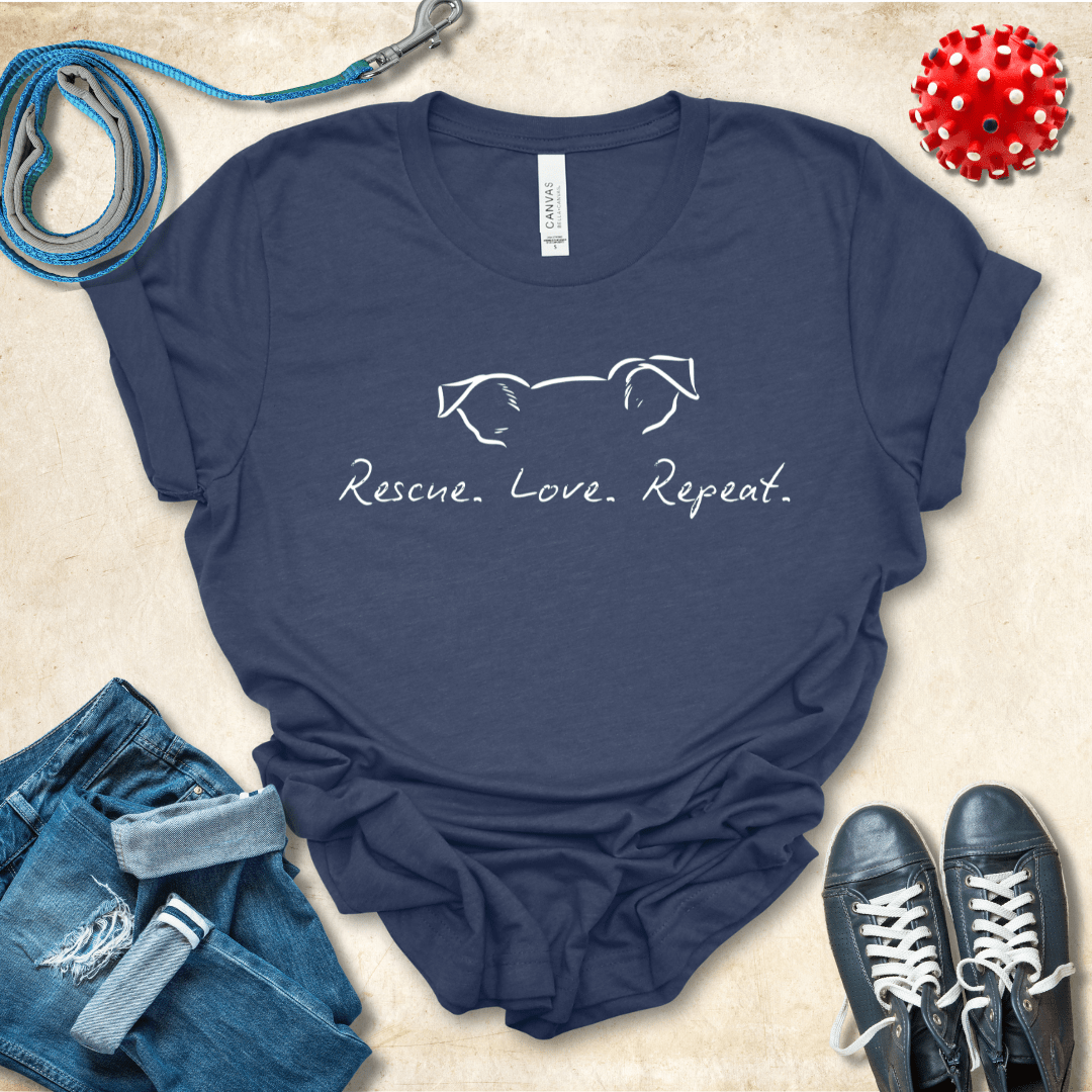 T-Shirt Heather Navy / S Rescue Love Repeat Premium Unisex Tee - Fun Casual Wear for Dog Lovers --reallyintothat