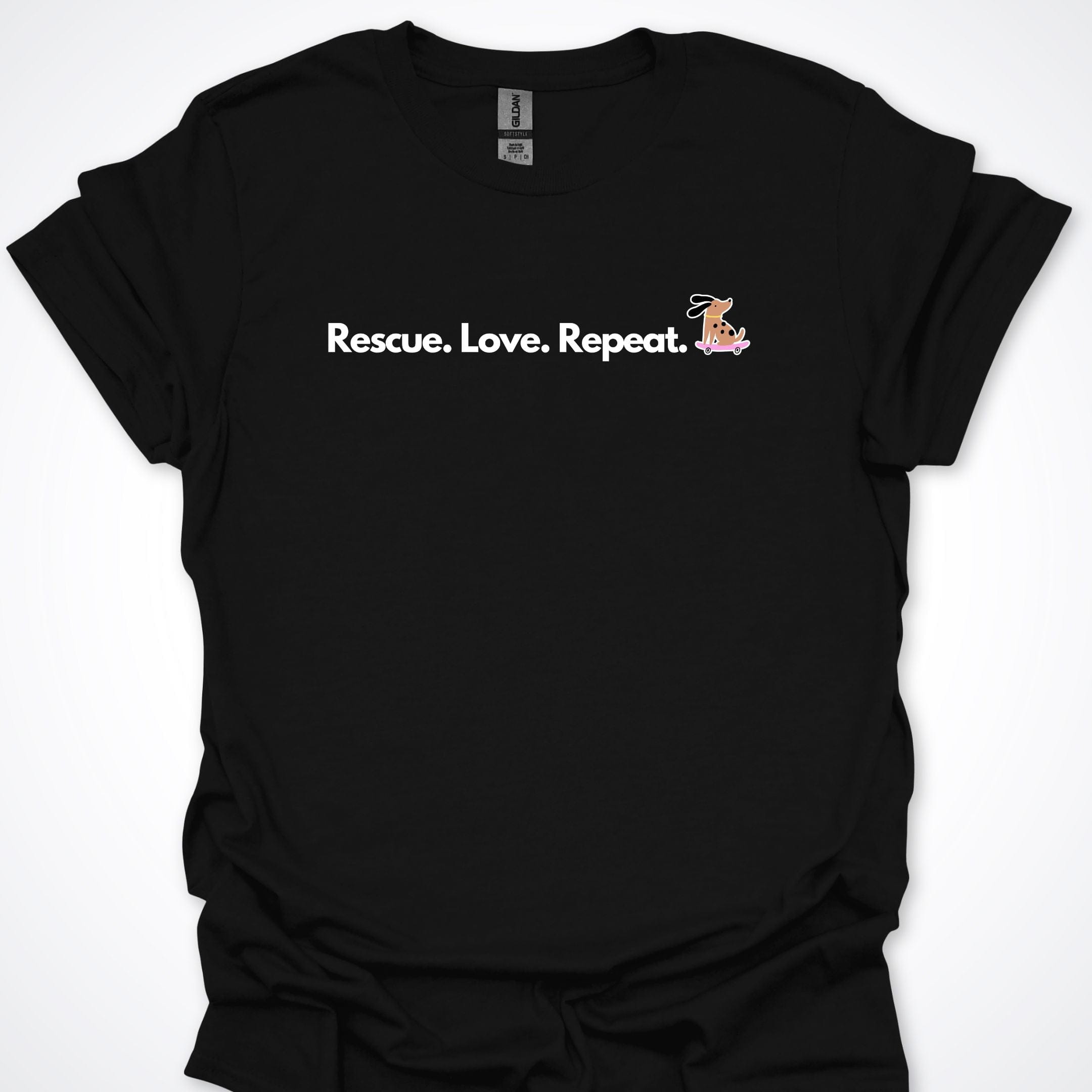 T-Shirt Black / S Rescue. Love. Repeat. Skateboarding Dog. Premium Unisex T-Shirt ReallyintoDogs