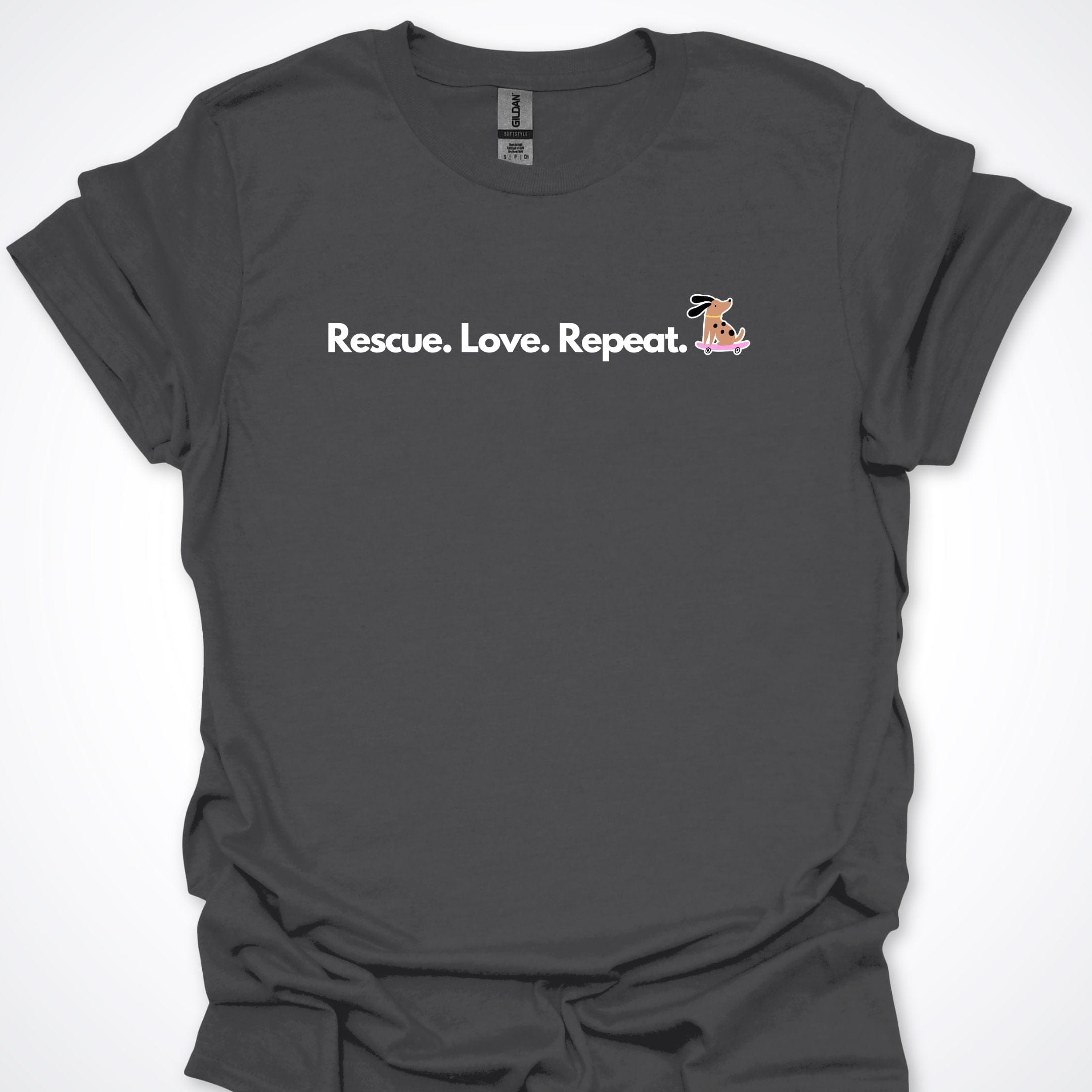 T-Shirt Charcoal / S Rescue. Love. Repeat. Skateboarding Dog. Premium Unisex T-Shirt ReallyintoDogs