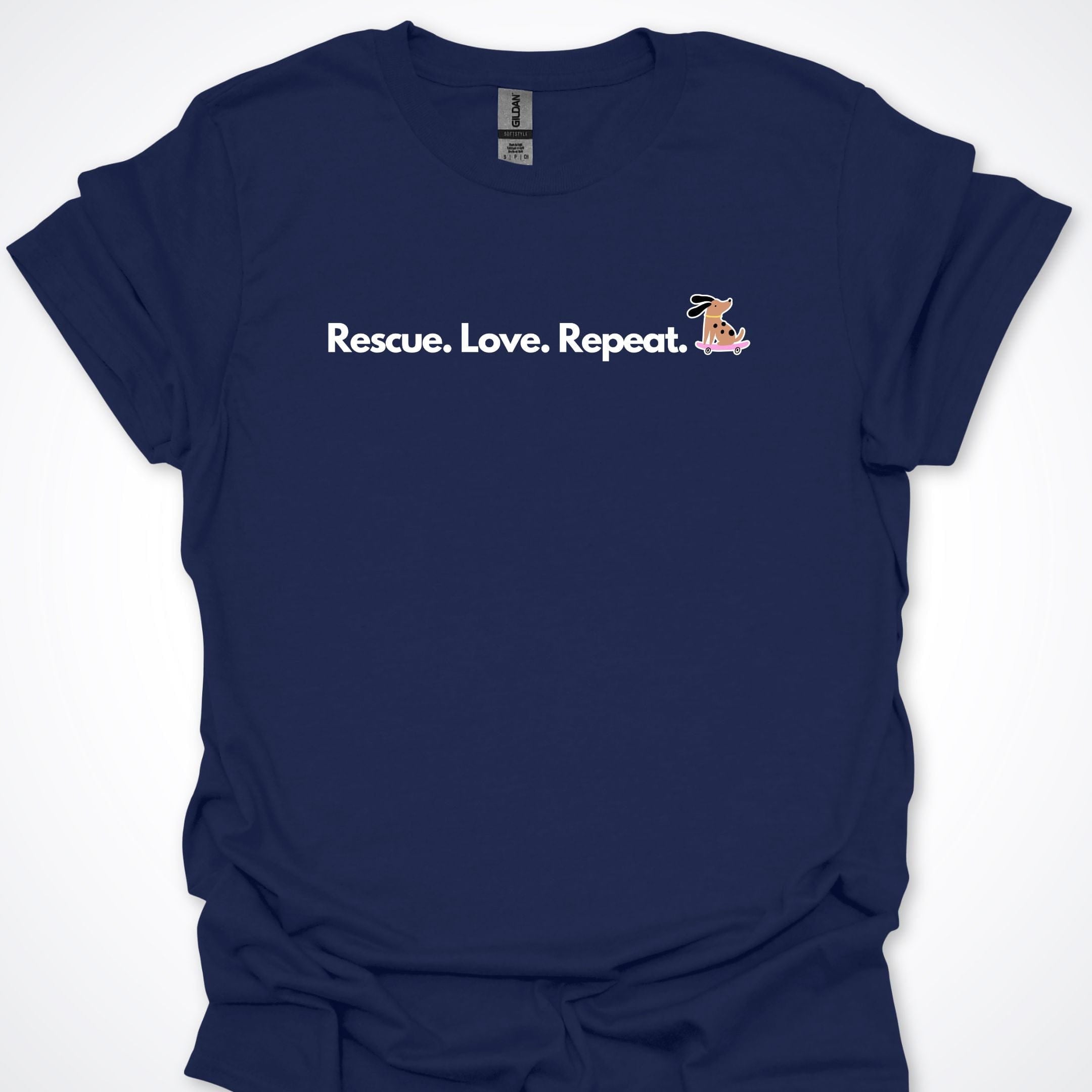 T-Shirt Navy / S Rescue. Love. Repeat. Skateboarding Dog. Premium Unisex T-Shirt ReallyintoDogs