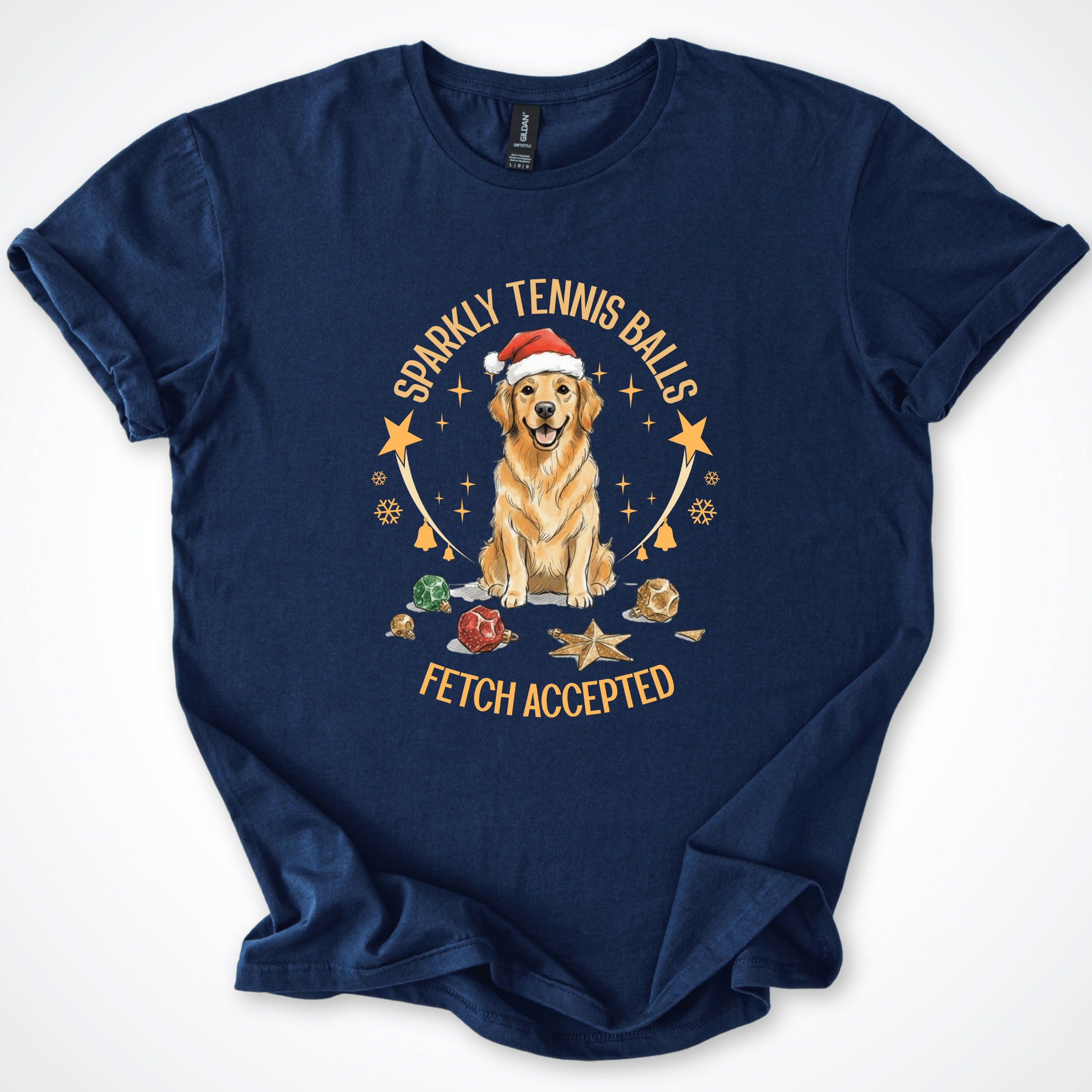 T-Shirt Navy / S Sparkly Tennis Balls Christmas T-Shirt ReallyintoDogs