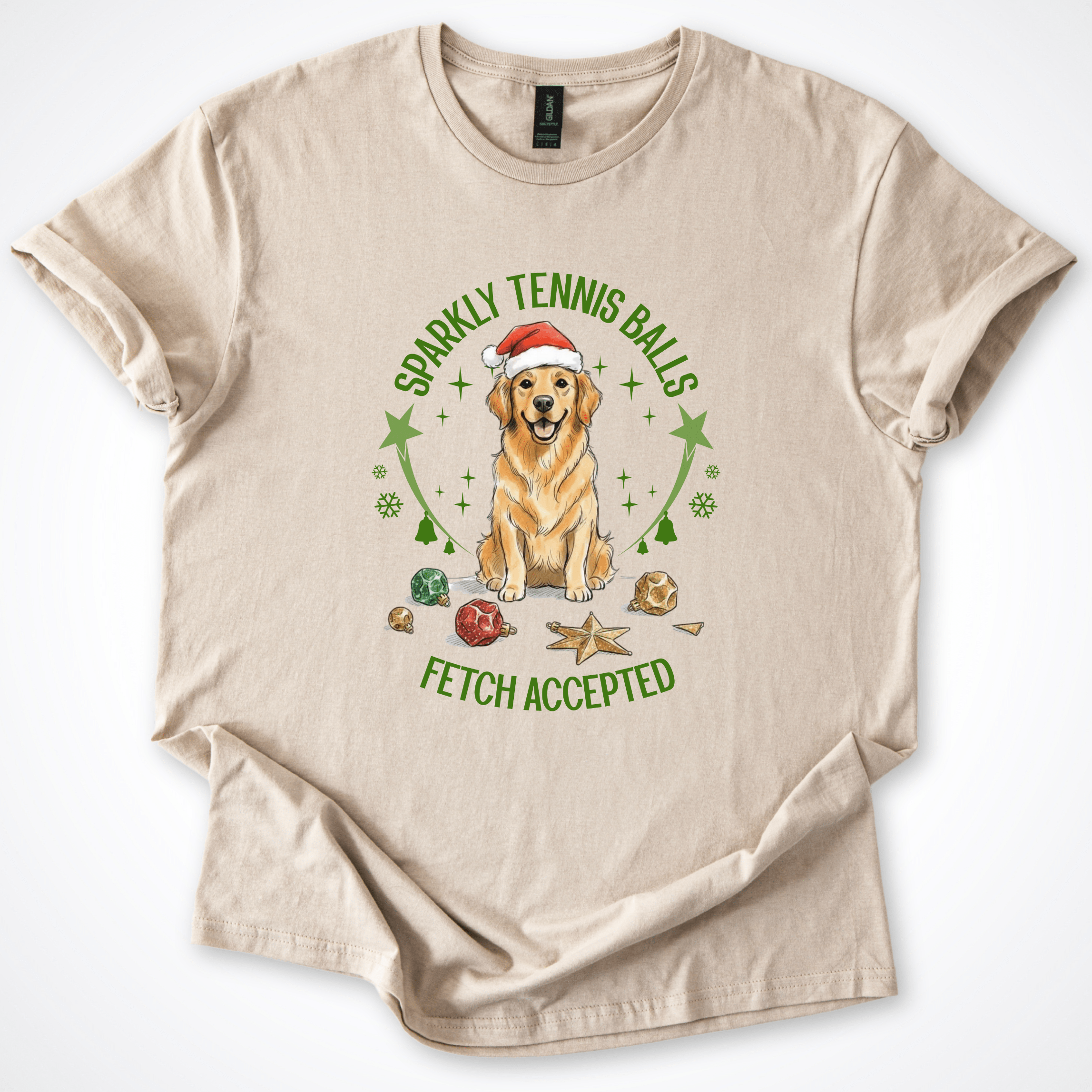 T-Shirt Sand / S Sparkly Tennis Balls Christmas T-Shirt ReallyintoDogs
